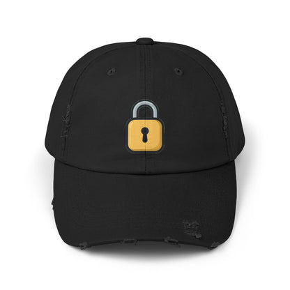 Padlock Distressed Cap — Minimal Lock Embroidered Baseball Hat Hats Printify Black One size