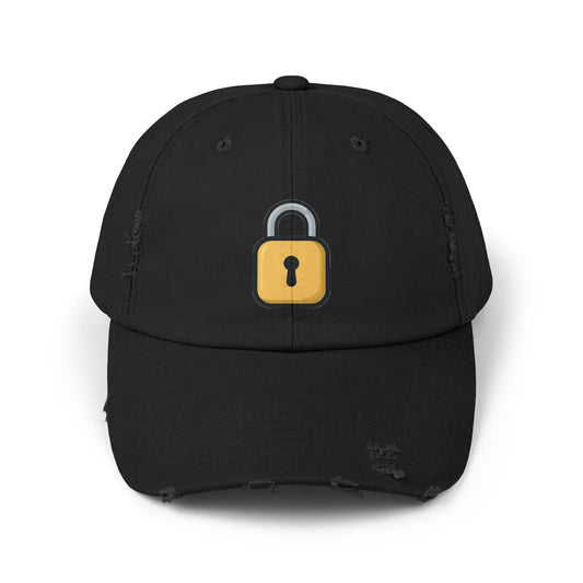 Padlock Distressed Cap — Minimal Lock Embroidered Baseball Hat Hats Printify Black One size