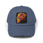 Distressed Cap — Vibrant Flame Lion Embroidered Baseball Hat Hats Printify Scotland Blue One size