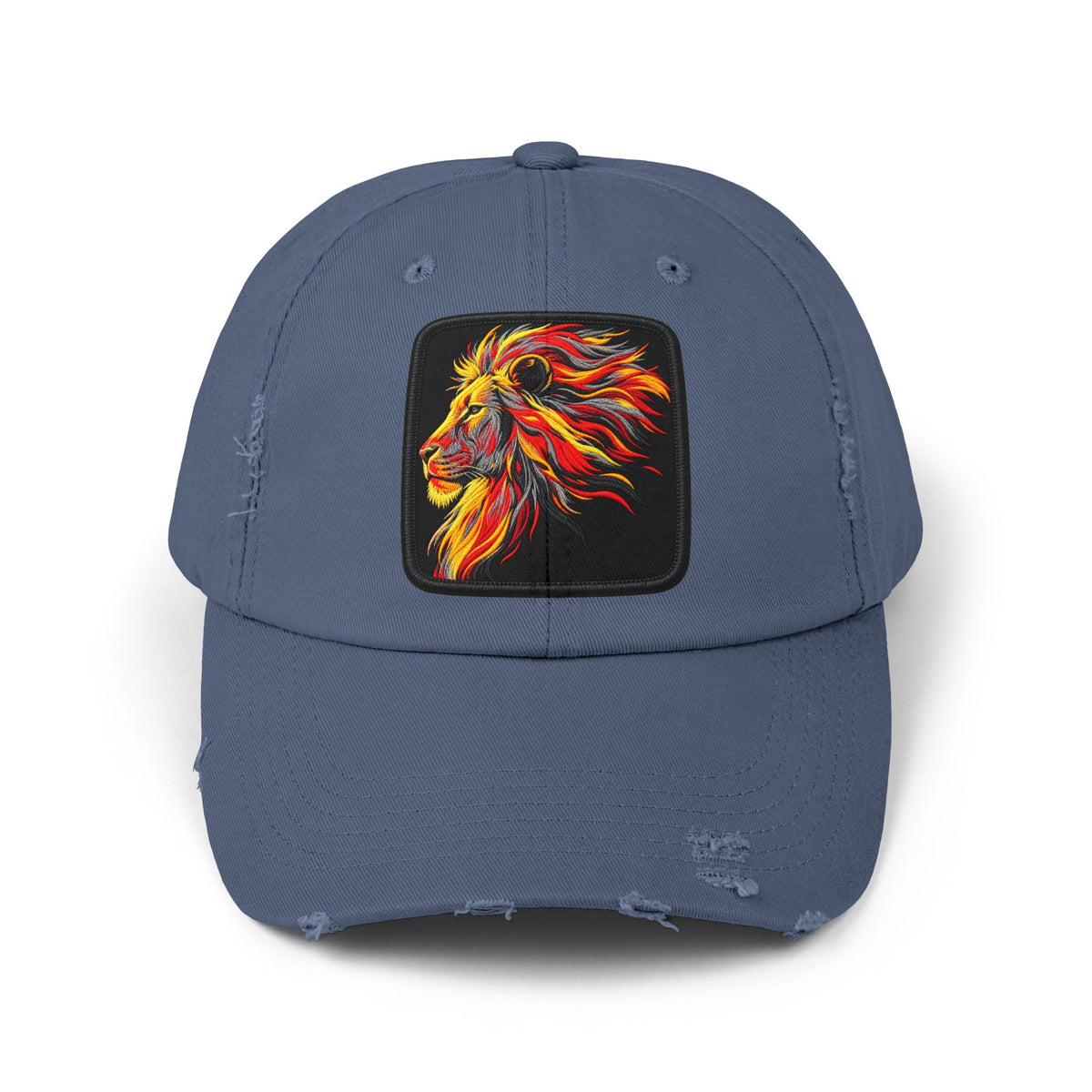 Distressed Cap — Vibrant Flame Lion Embroidered Baseball Hat Hats Printify Scotland Blue One size