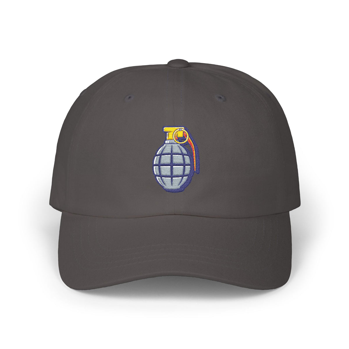Grenade Embroidered Dad Cap — Military Inspired Retro Patch Hat Hats Printify Dark Grey One size