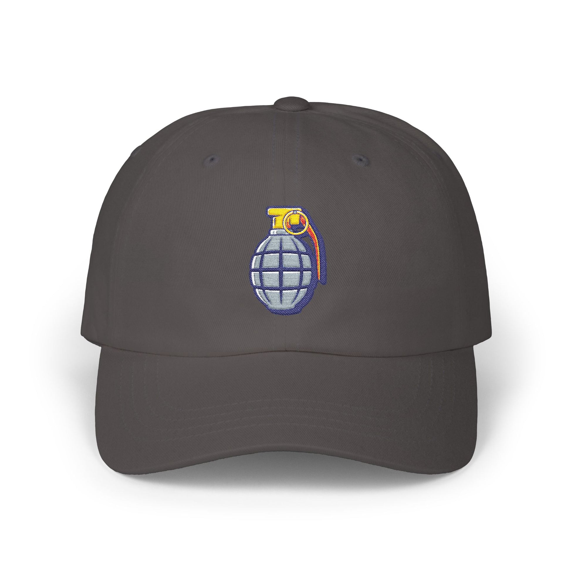 Grenade Embroidered Dad Cap — Military Inspired Retro Patch Hat Hats Printify Dark Grey One size