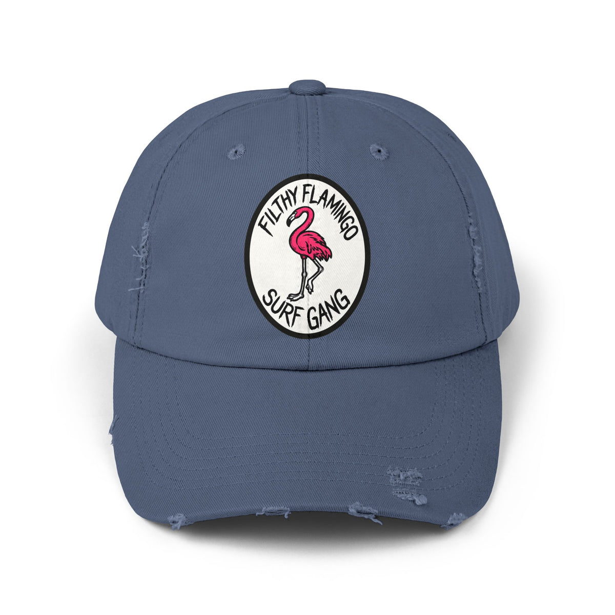 Distressed Surf Cap — "Filthy Flamingo Surf Gang" Embroidered Patch Hat Hats Printify Scotland Blue One size