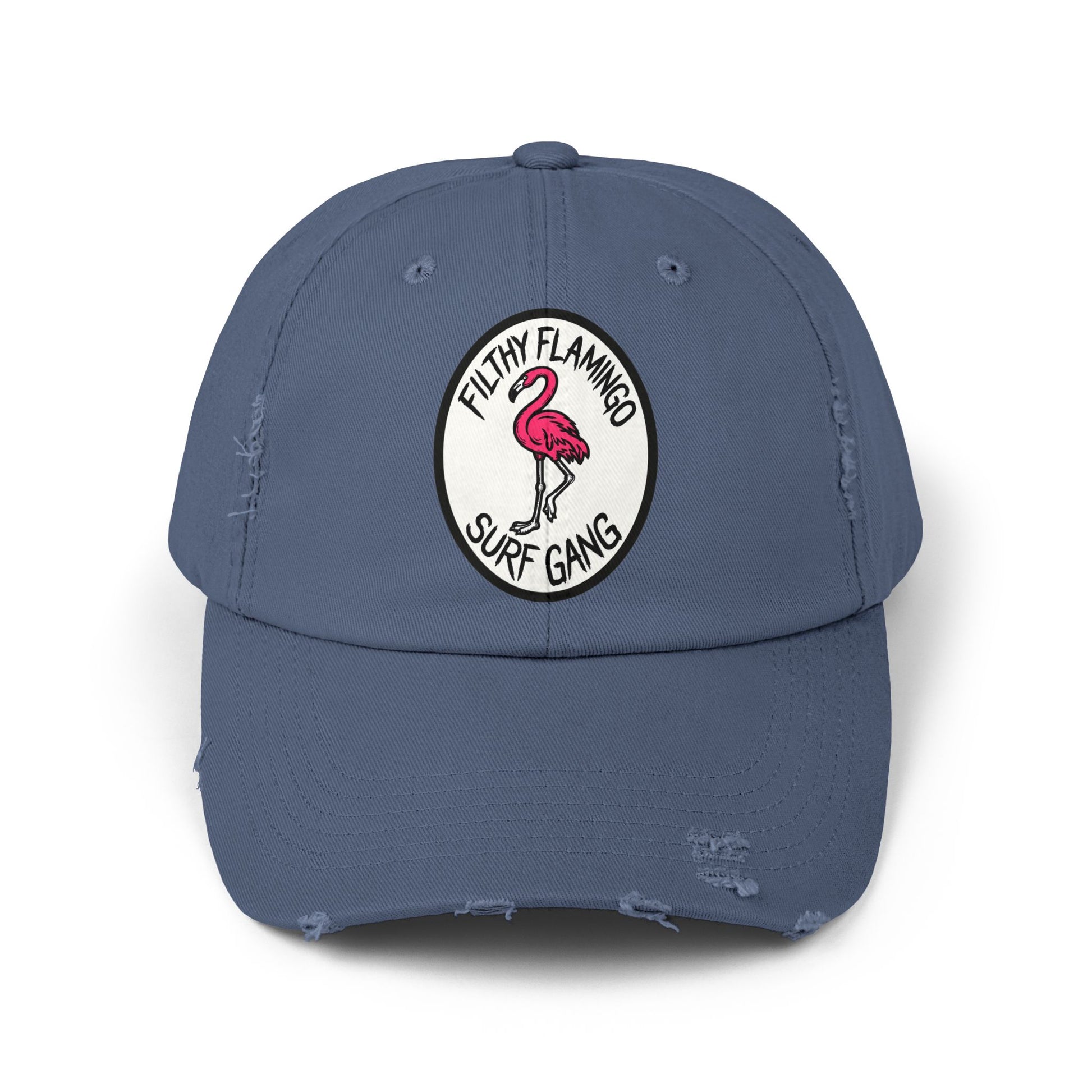 Distressed Surf Cap — "Filthy Flamingo Surf Gang" Embroidered Patch Hat Hats Printify Scotland Blue One size