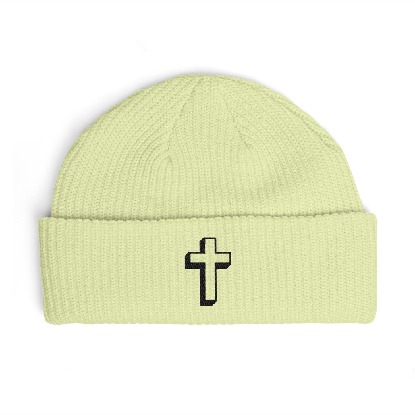 Embroidered Cross Cuff Beanie — Minimal Faith Knit Hat Hats Printify