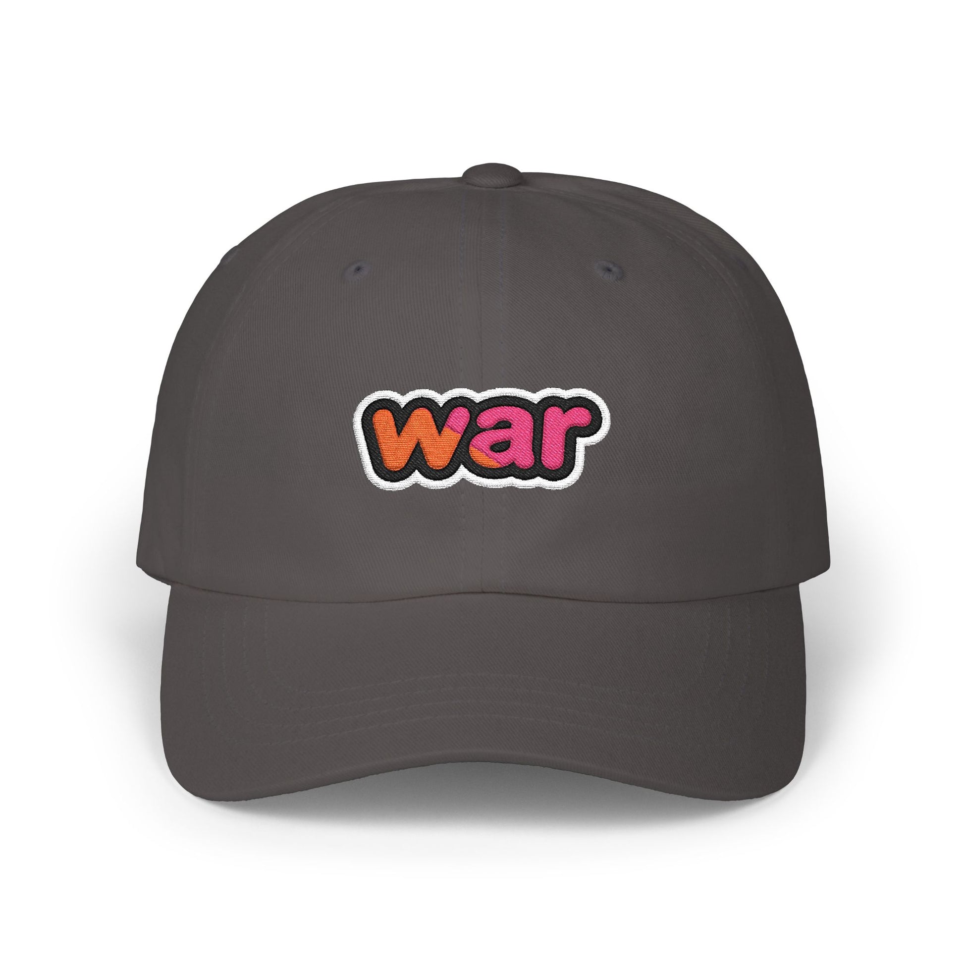 Dad Cap — White Embroidered "war" Patch Hat Hats Printify Dark Grey One size