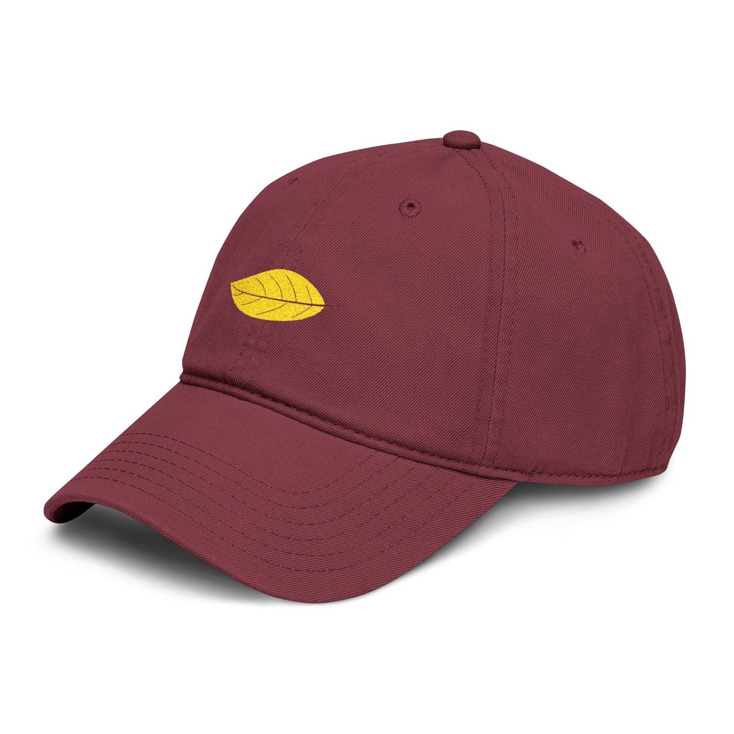 Washed Cotton Baseball Cap with Embroidered Yellow Leaf – Casual Fall Hat