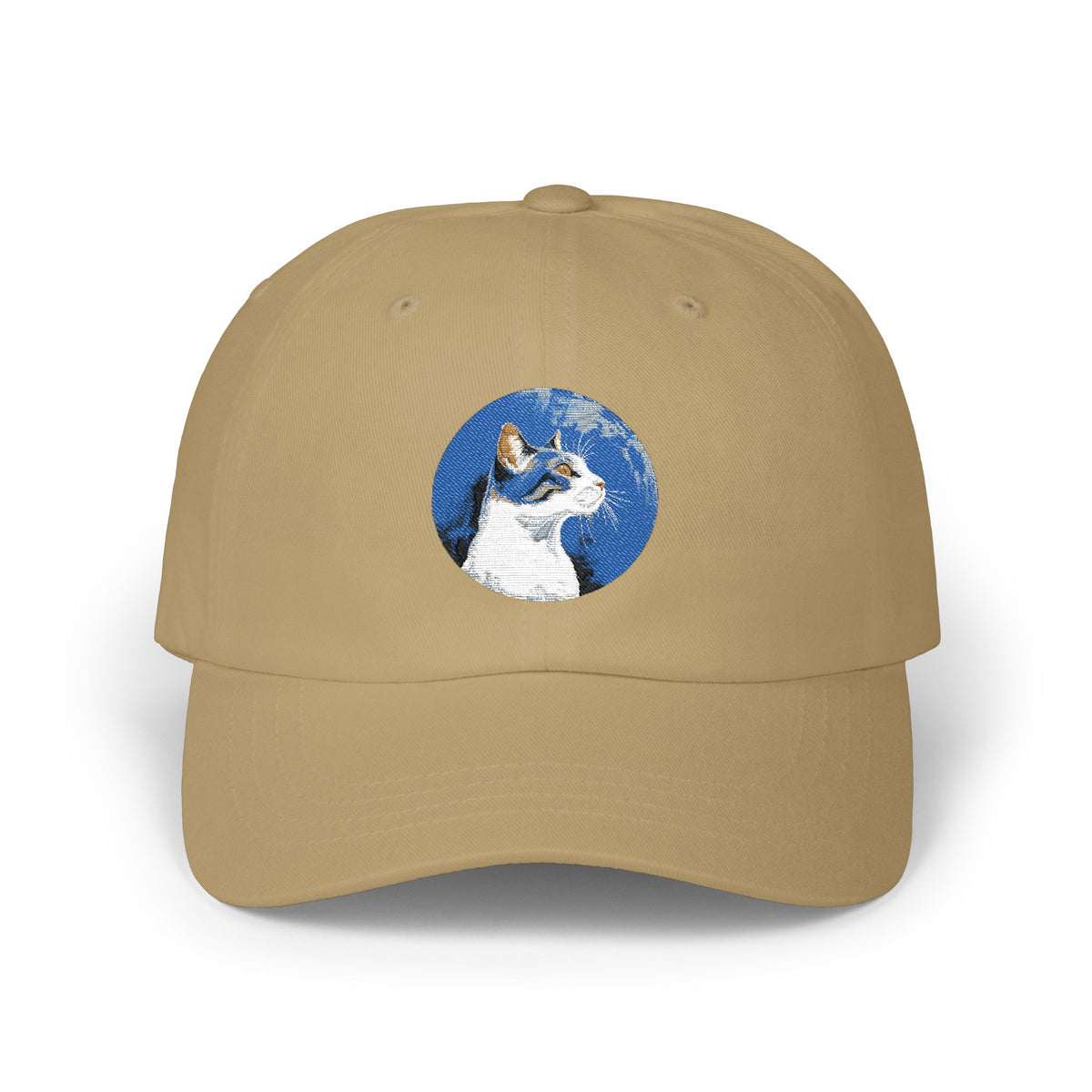 Dad Cap – White Embroidered Dog in Snow Patch Hat Hats Printify Khaki One size