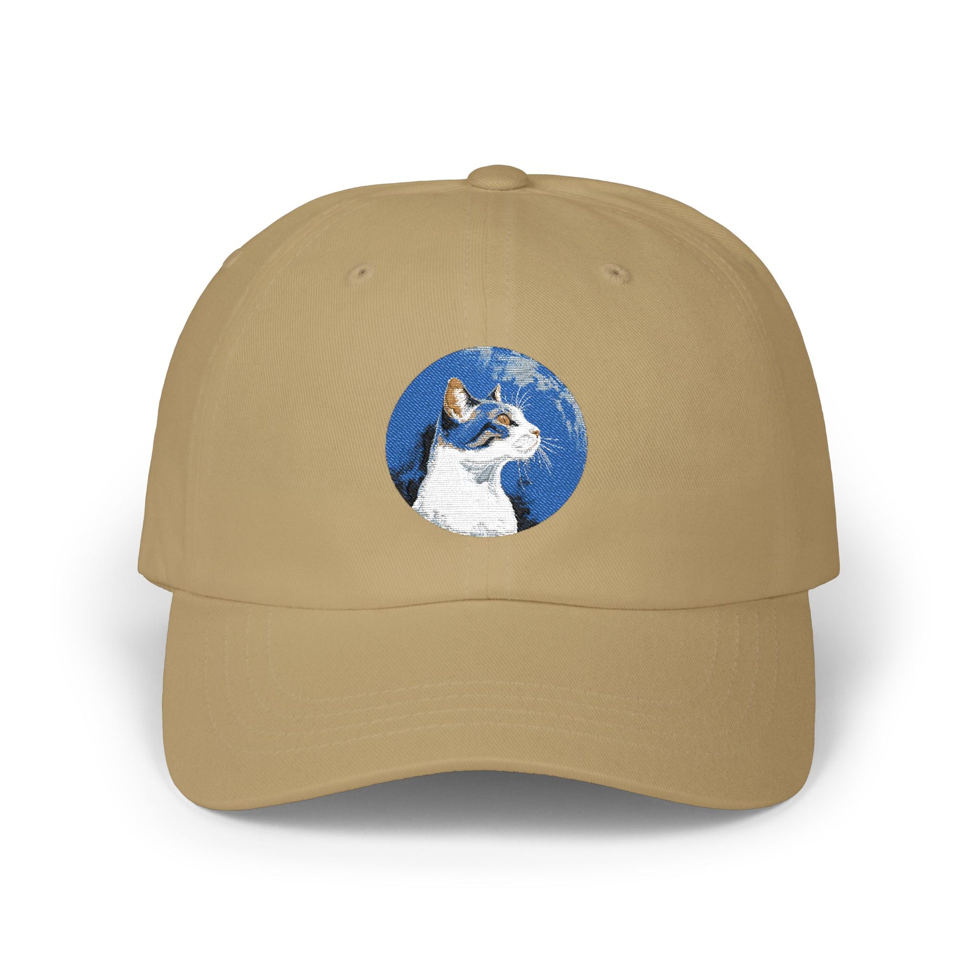 Dad Cap – White Embroidered Dog in Snow Patch Hat Hats Printify Khaki One size