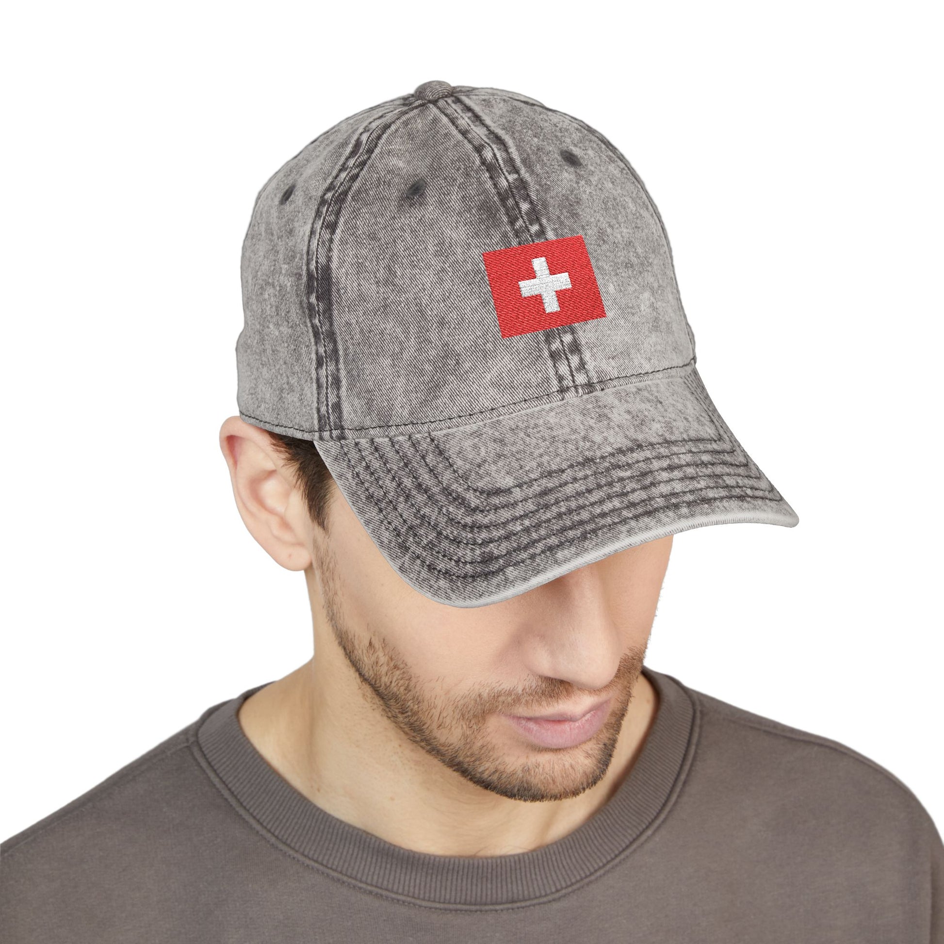 Red Vintage Embroidered Cross Cap - Washed Baseball Hat Hats Printify