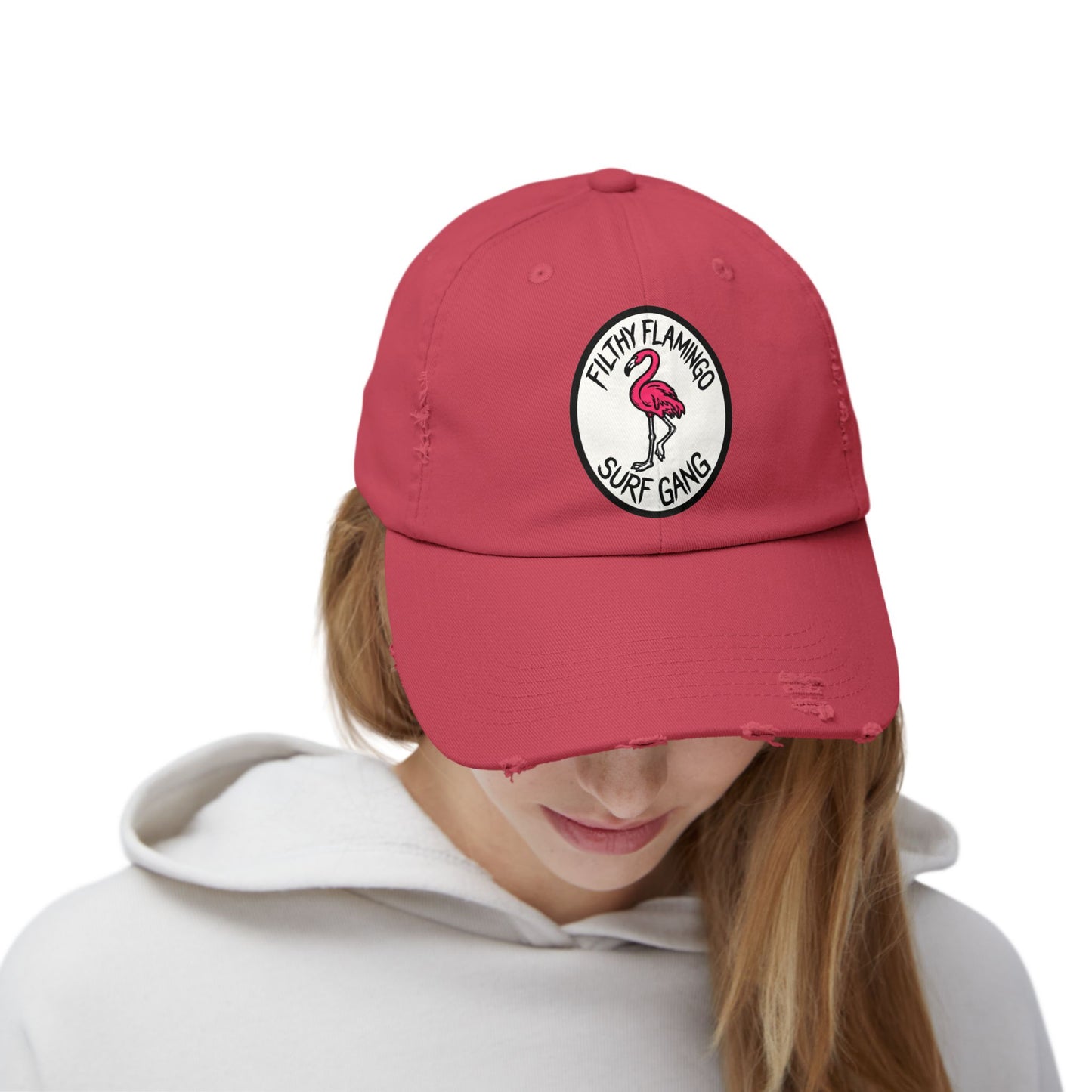 Distressed Surf Cap — "Filthy Flamingo Surf Gang" Embroidered Patch Hat