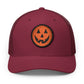 Halloween Pumpkin Jack-O’-Lantern Trucker Cap Hats Printify Circle One size Cranberry / Black patch