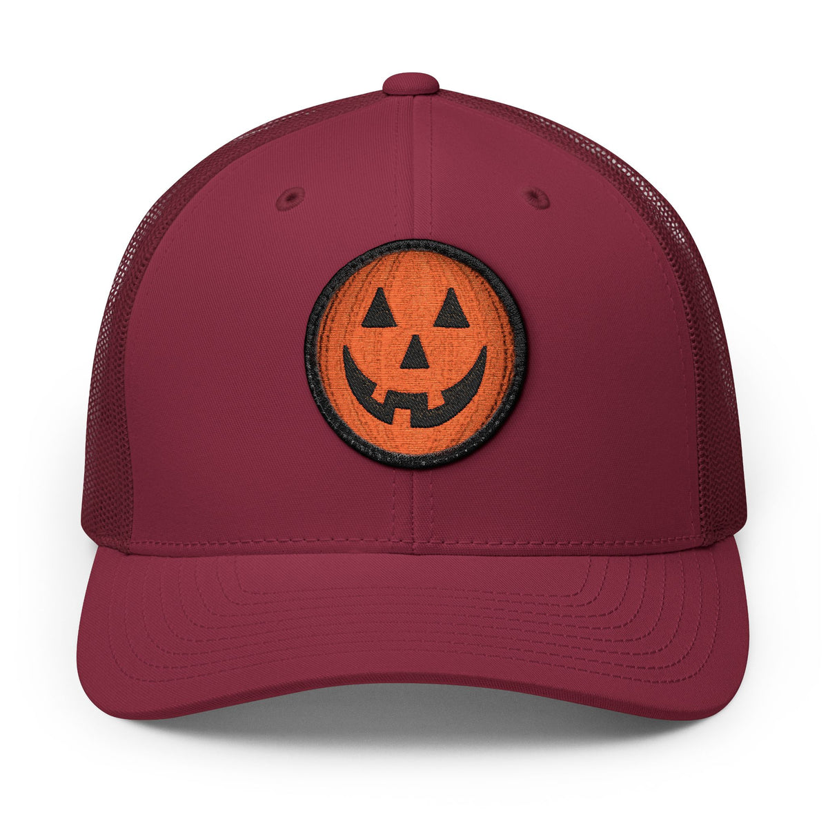Halloween Pumpkin Jack-O’-Lantern Trucker Cap Hats Printify Circle One size Cranberry / Black patch