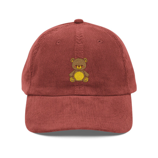 Corduroy Teddy Bear Embroidered Cap Hats Printify Burgundy One size