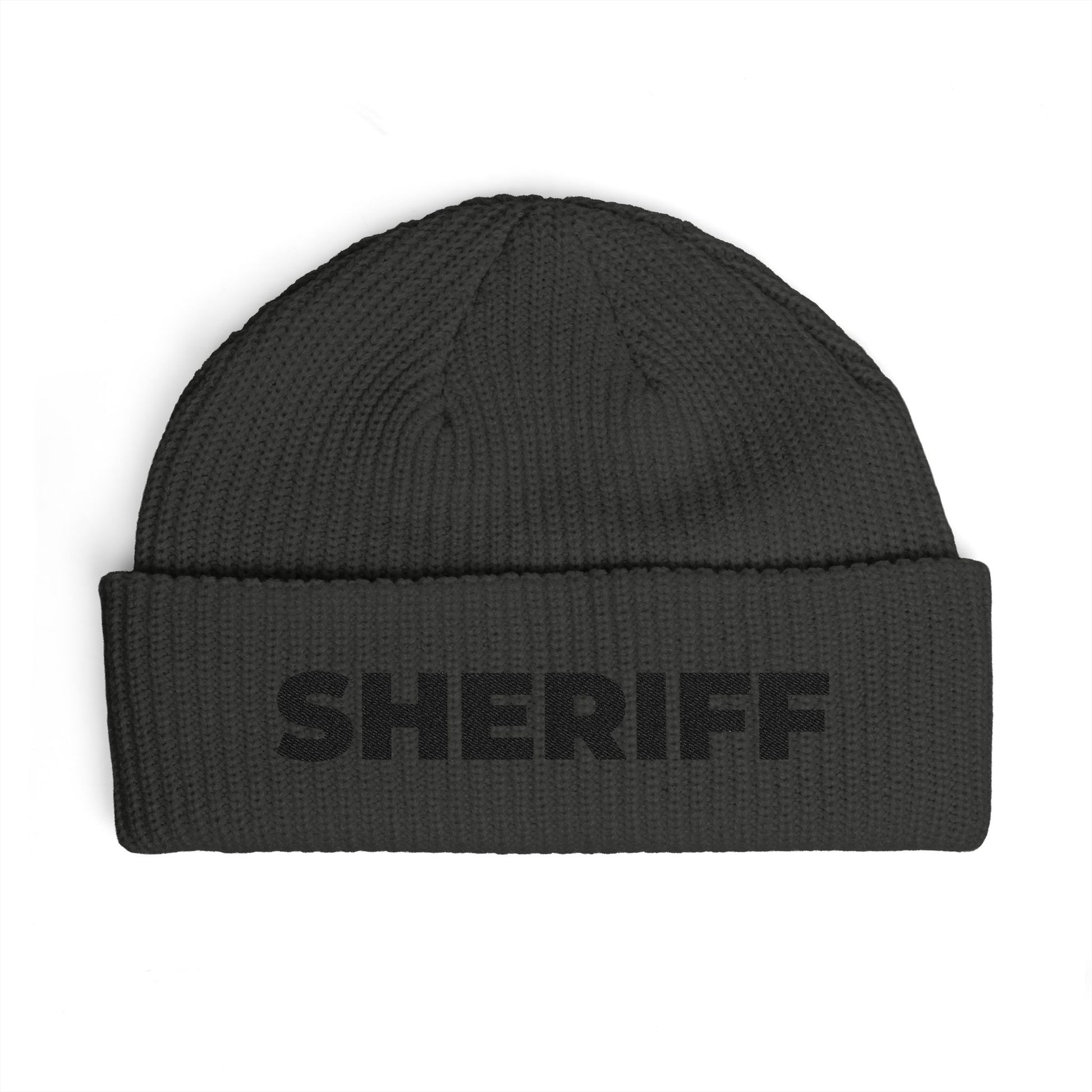 Cuff Beanie - 'SHRIFF' Embroidered Knit Hat (Festive Green-Gold Lettering) Hats Printify One size Coal