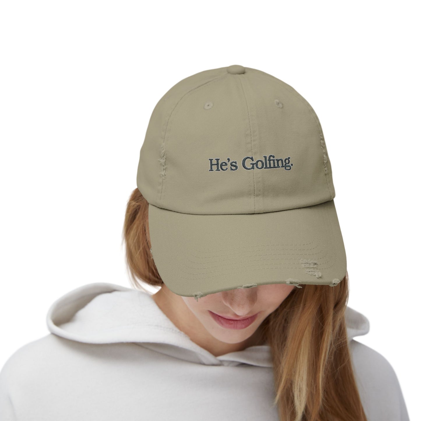 He's Goin' Distressed Dad Hat — Vintage Black Embroidered Cap