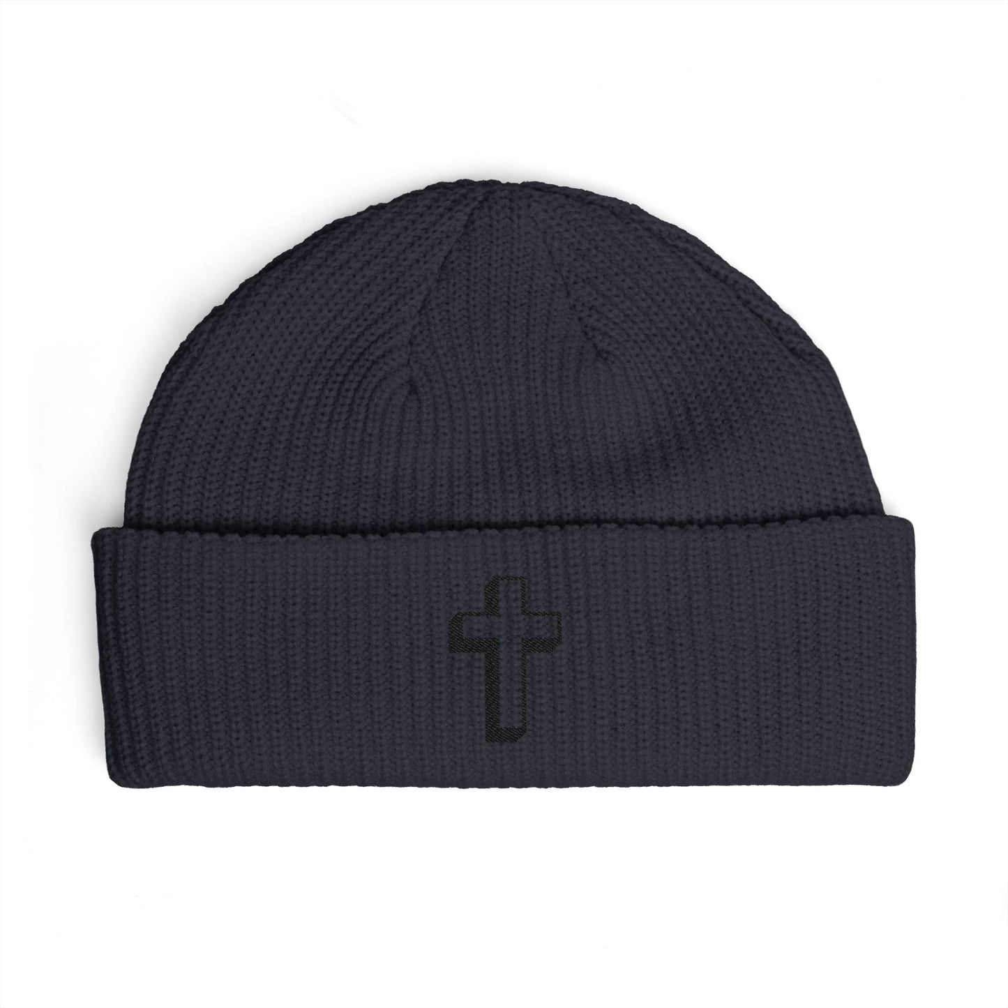 Embroidered Cross Cuff Beanie — Minimal Faith Knit Hat Hats Printify One size Navy