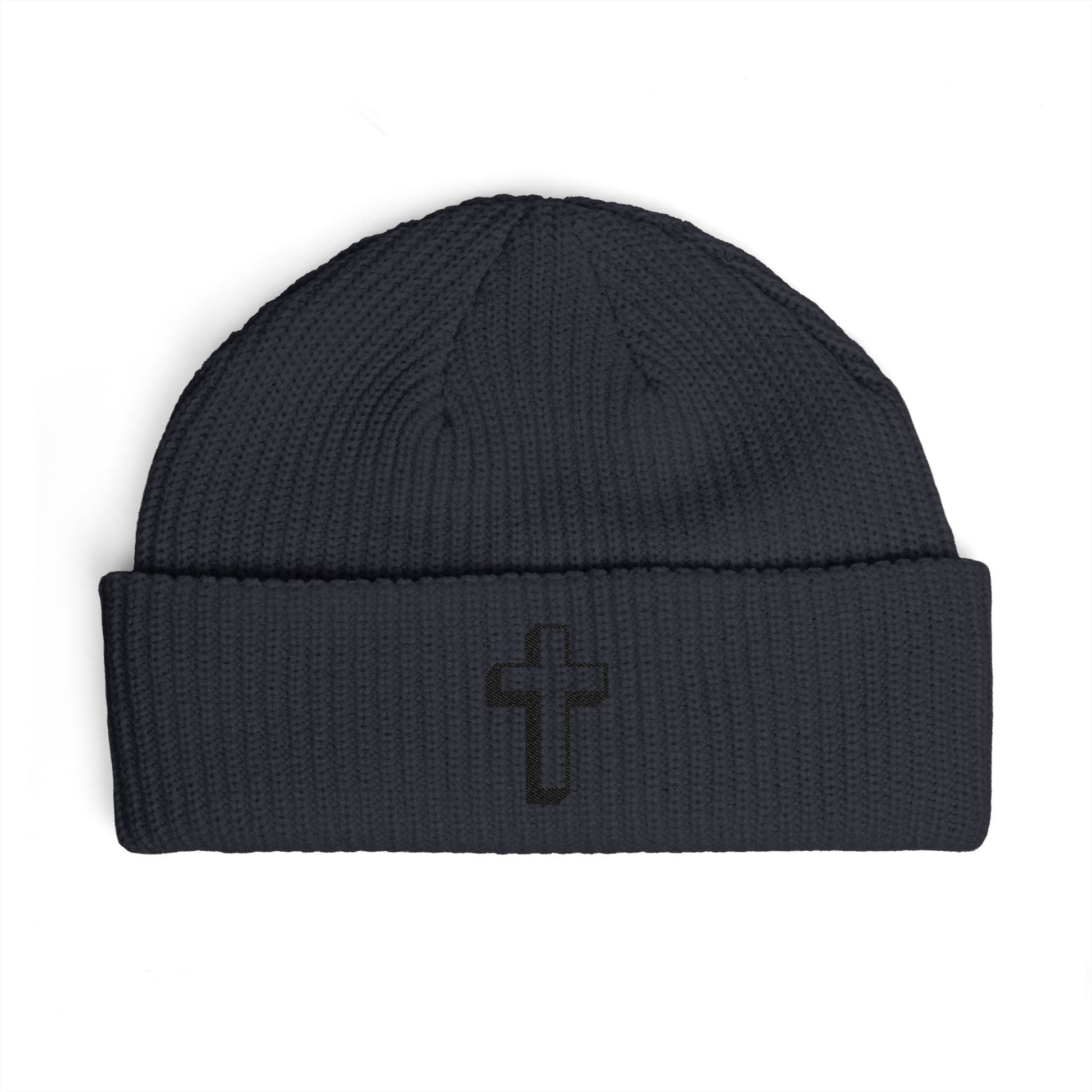 Embroidered Cross Cuff Beanie — Minimal Faith Knit Hat Hats Printify One size Navy