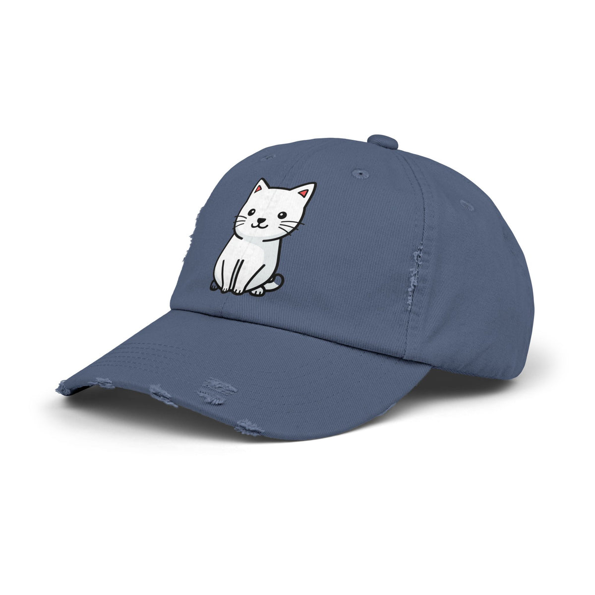 Distressed Black Cap with Cute White Cat Graphic Hats Printify