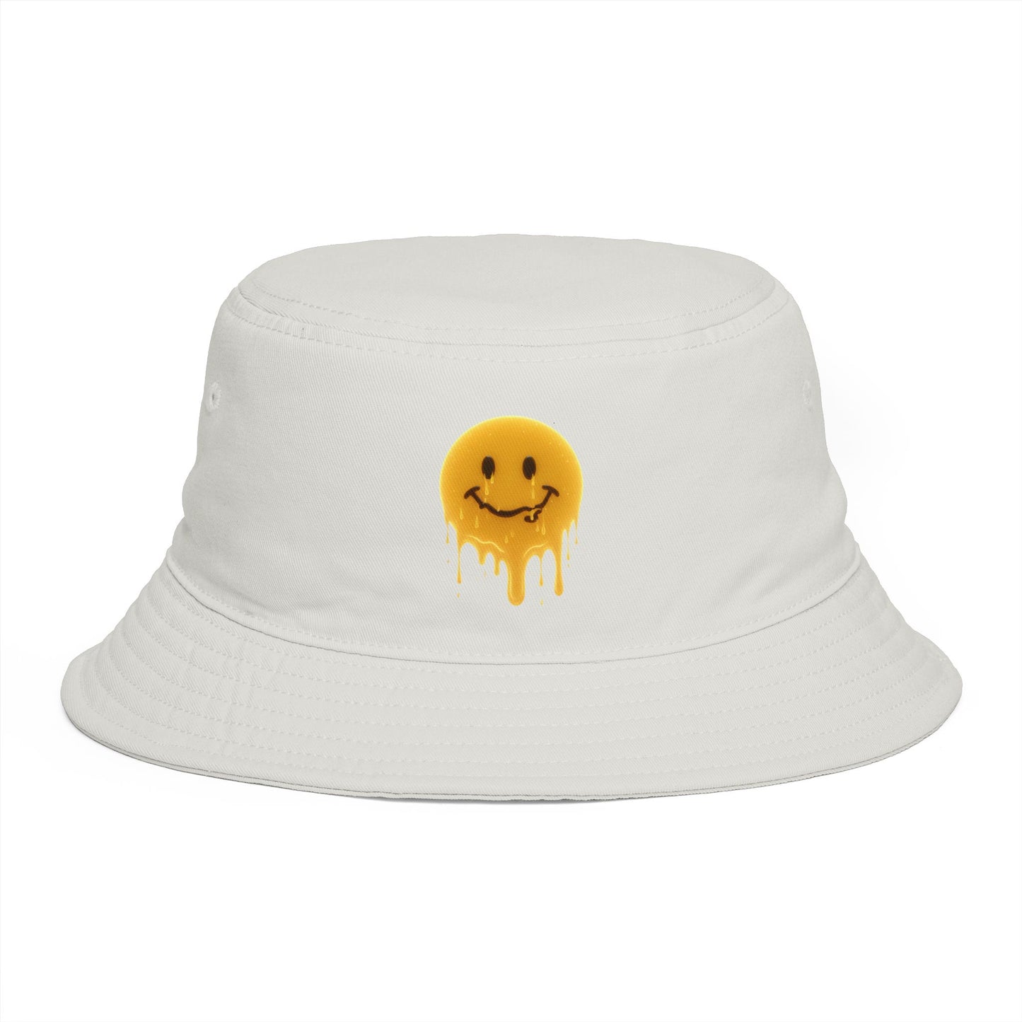 Smiley Drip Bucket Hat — Retro Melted Smile Face Sun Hat Hats Printify One size Ecru