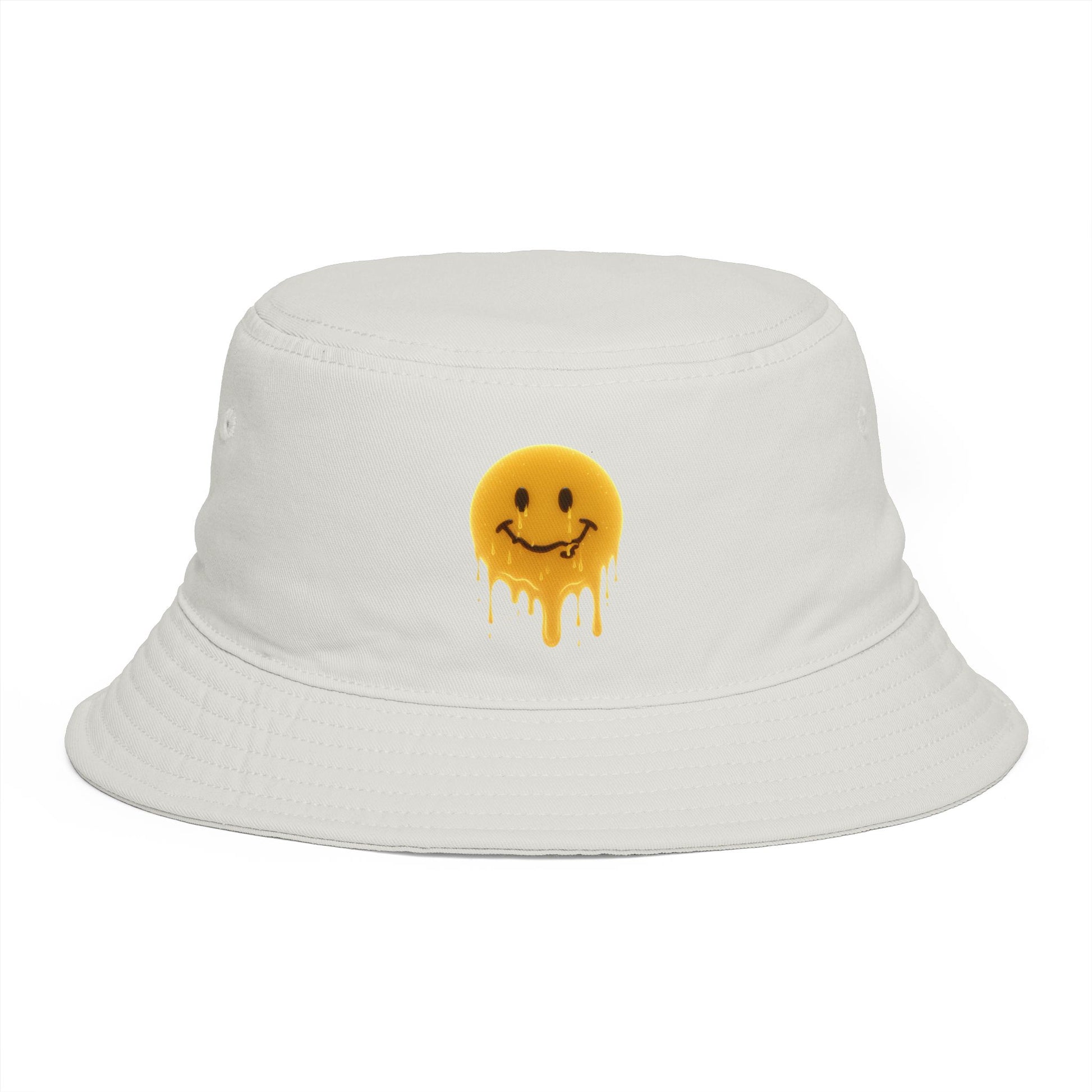 Smiley Drip Bucket Hat — Retro Melted Smile Face Sun Hat Hats Printify One size Ecru