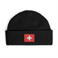 Swiss Cross Cuff Beanie — Embroidered Red Flag Patch Winter Hat Hats Printify One size Black