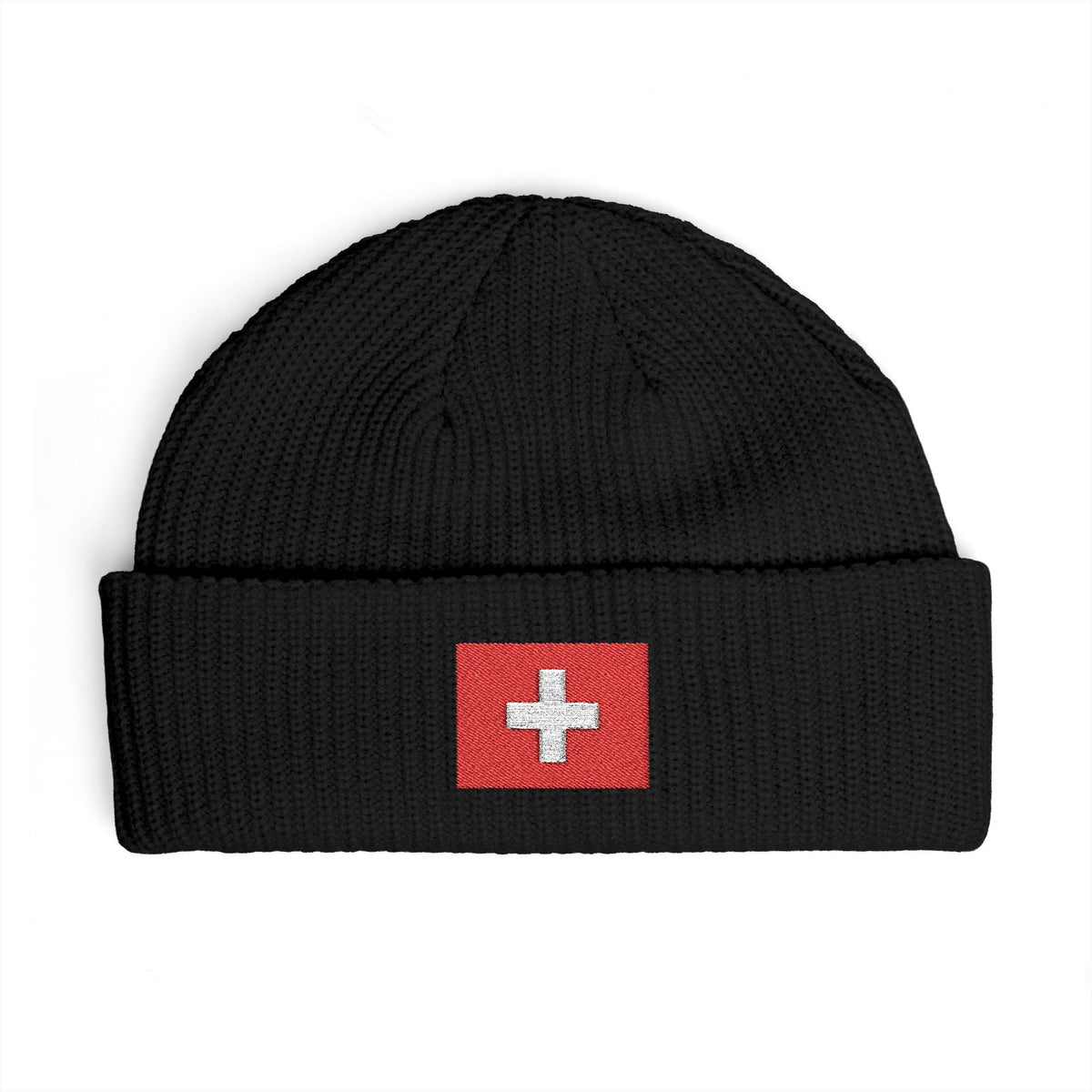 Swiss Cross Cuff Beanie — Embroidered Red Flag Patch Winter Hat Hats Printify One size Black