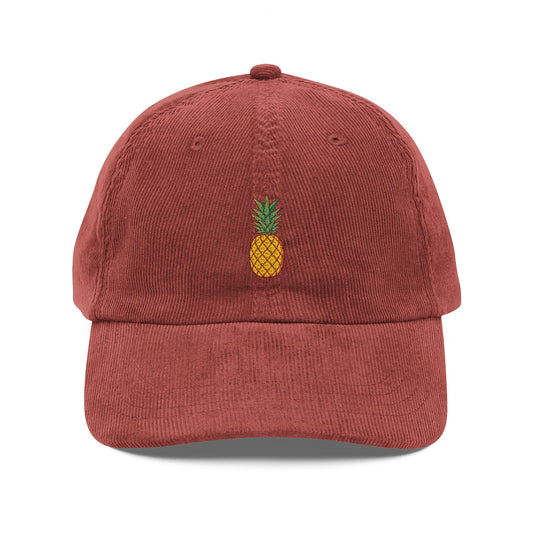 Corduroy Pineapple Embroidered Cap — Vintage Casual Baseball Hat Hats Printify Burgundy One size