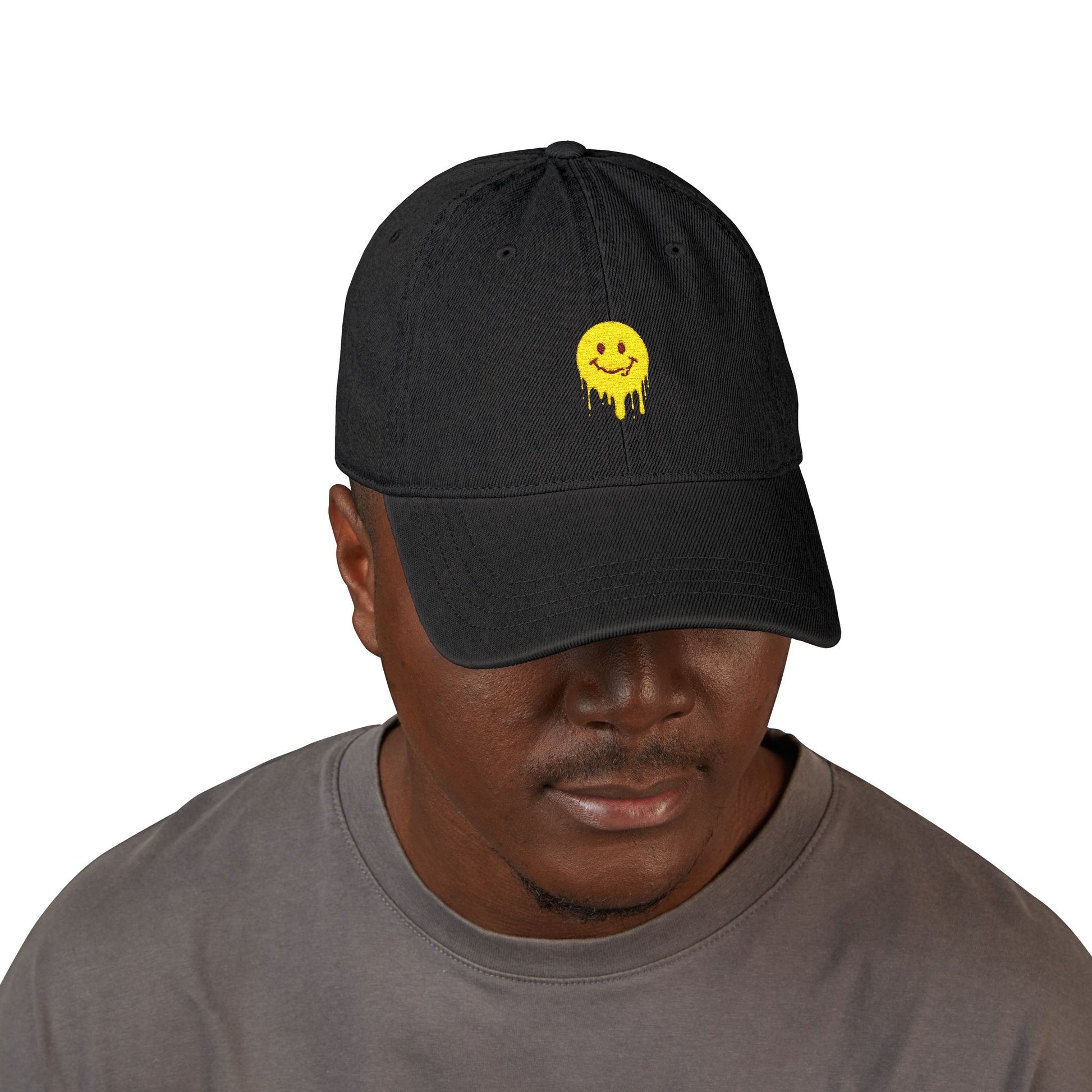 Embroidered Drip Smiley Denim Hat — Yellow Melting Smilecap Hats Printify