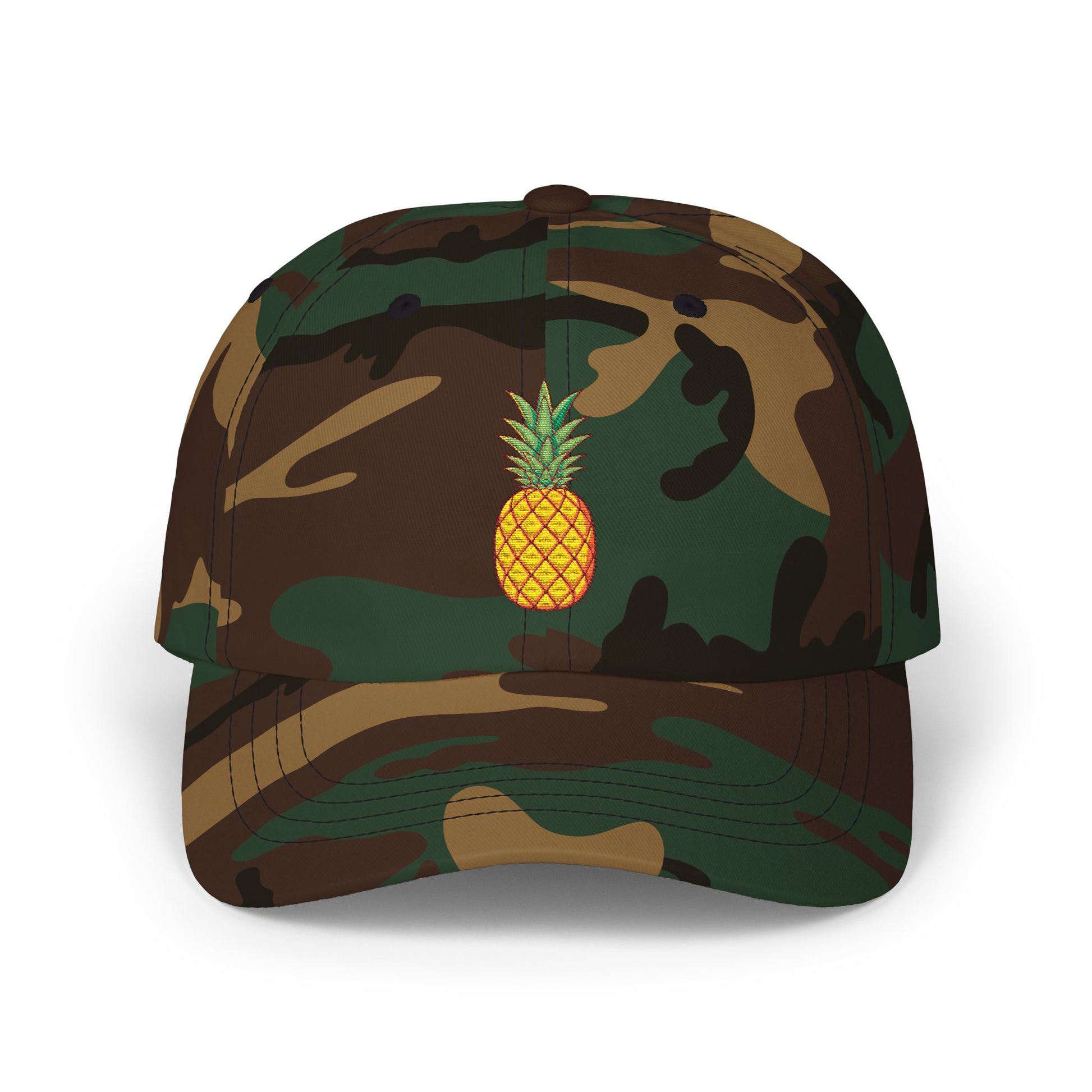 Pineapple Embroidered Dad Cap — Tropical Pineapple Baseball Hat Hats Printify Green Camo One size