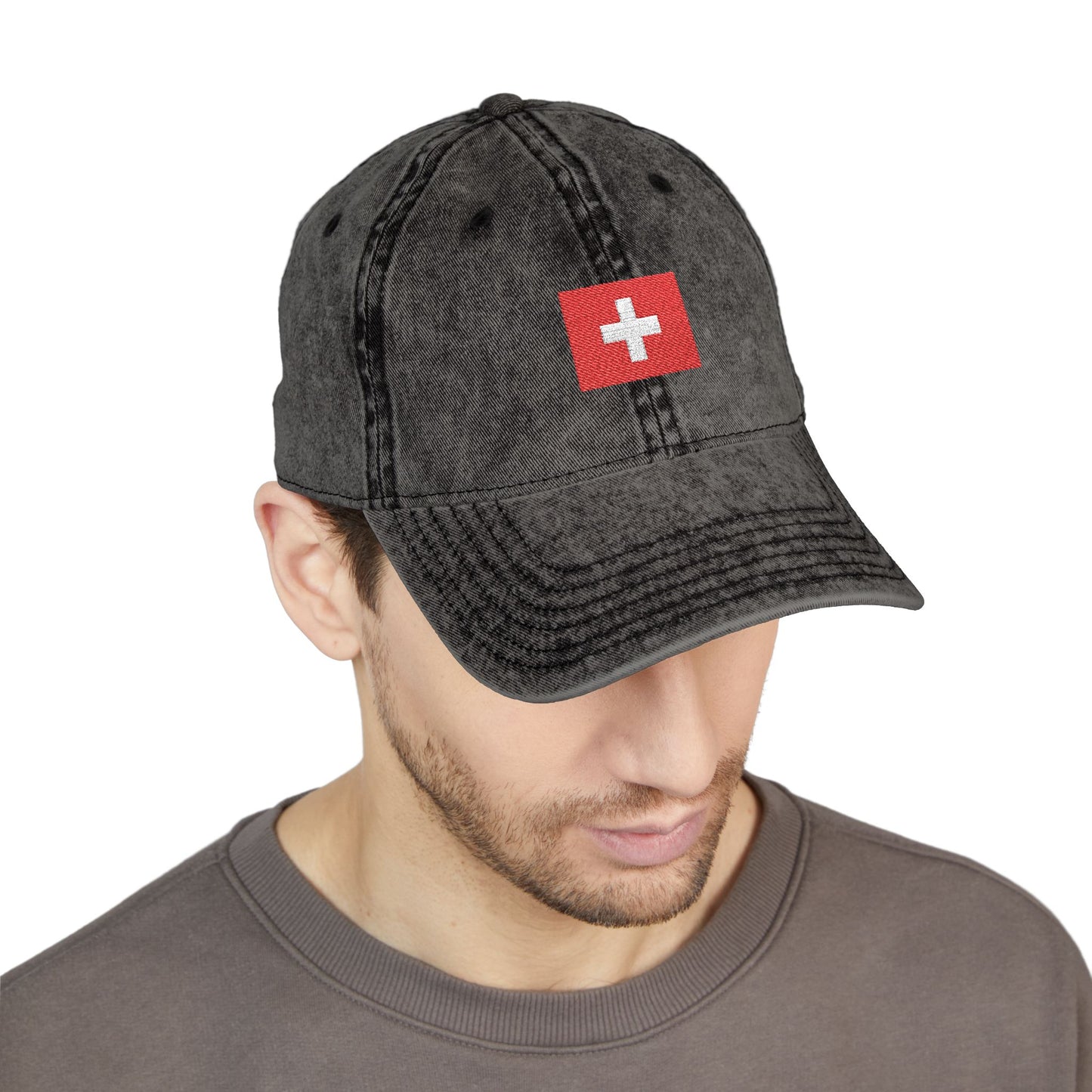 Red Vintage Embroidered Cross Cap - Washed Baseball Hat Hats Printify