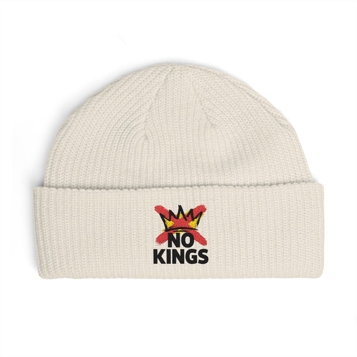 Cuff Beanie — 'No Kings' Streetwear Embroidered Beanie Hats Printify One size Ecru