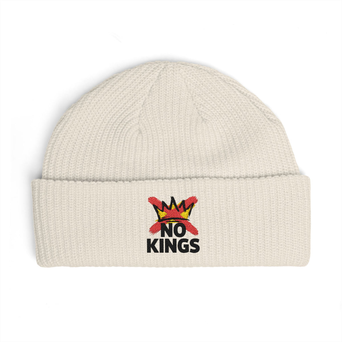 Cuff Beanie — 'No Kings' Streetwear Embroidered Beanie Hats Printify One size Ecru