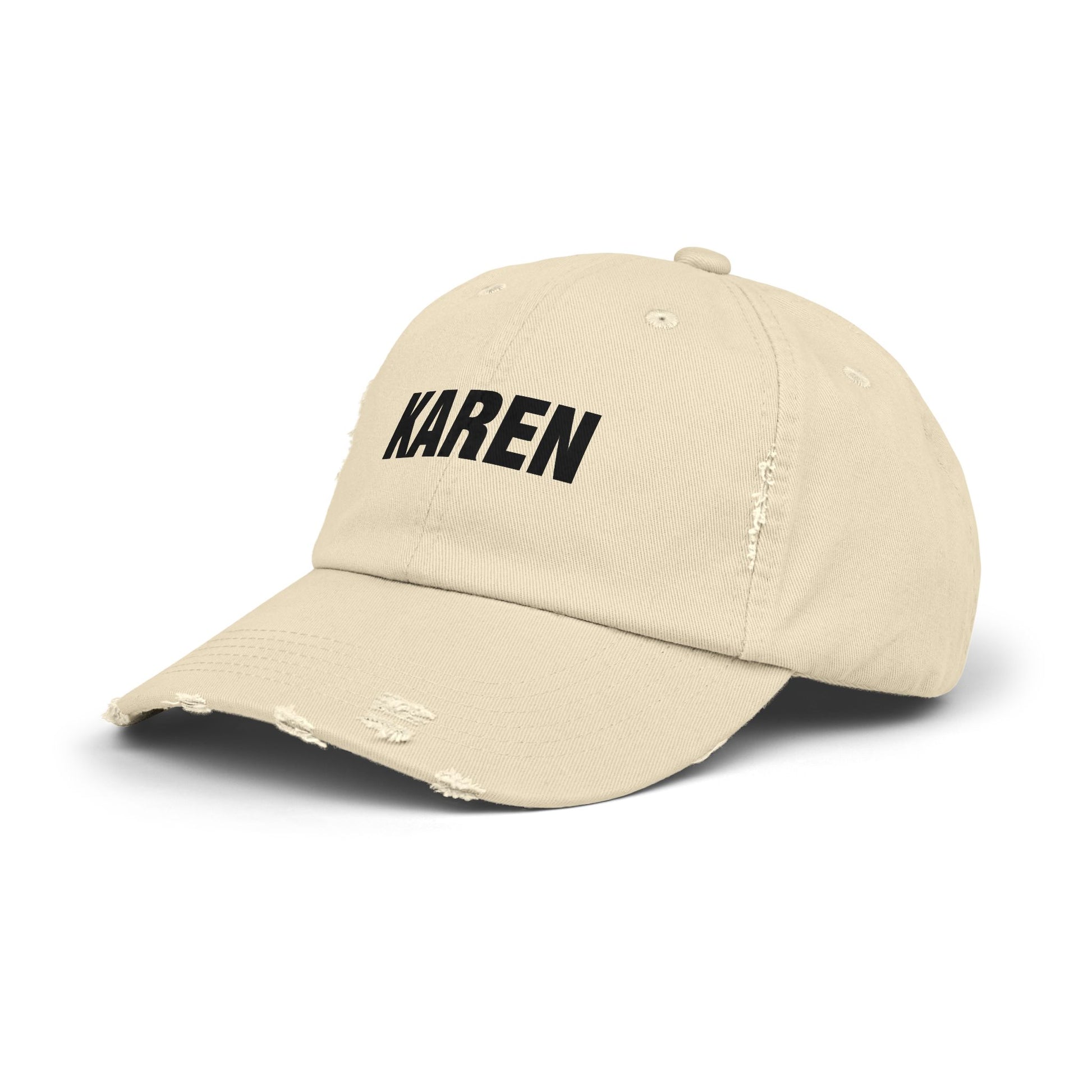 Distressed 'Karen' Baseball Cap — Black Embroidered Name Hat Hats Printify