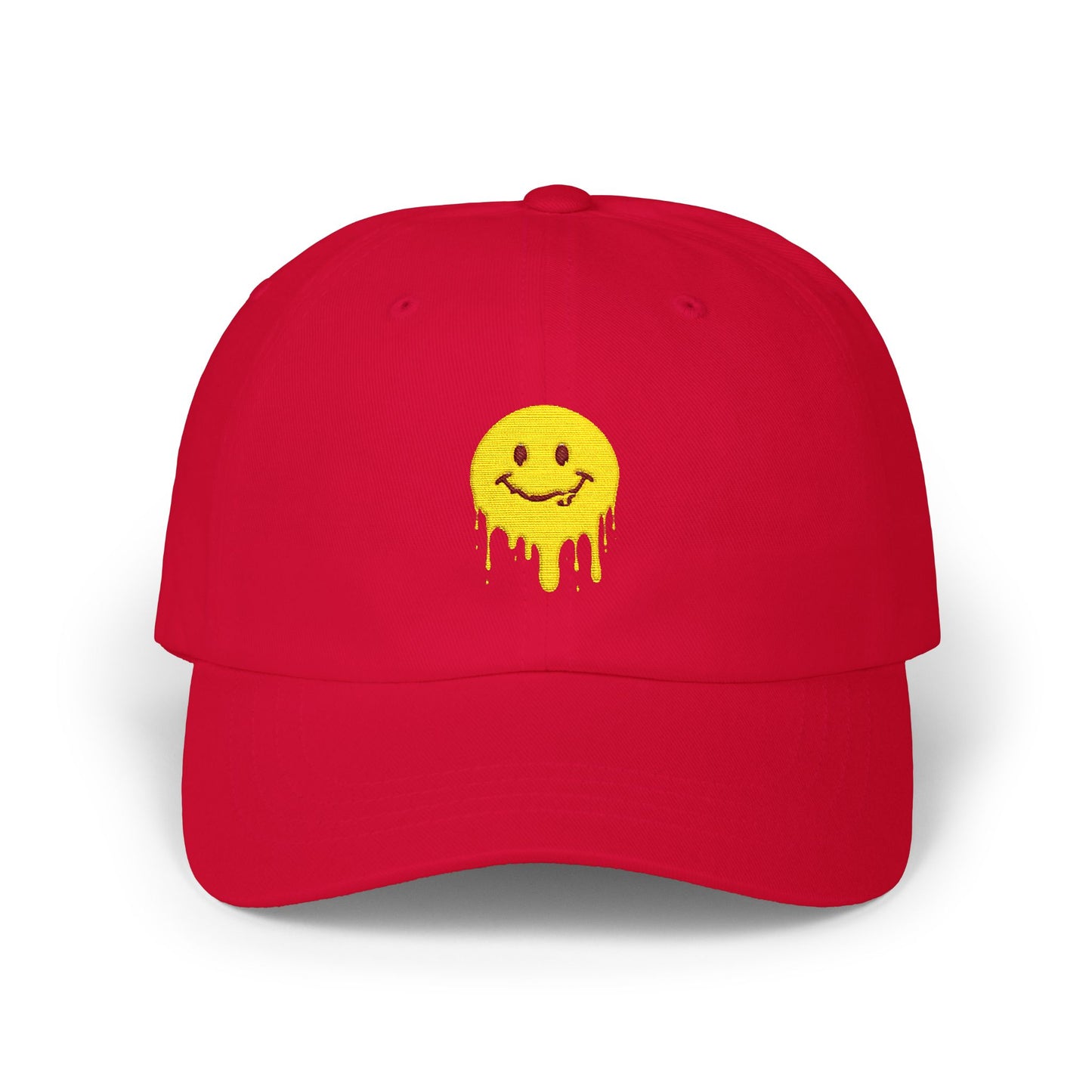 Smiling Melt Dad Cap — Dripping Smiley Embroidered Baseball Hat Hats Printify Cranberry One size