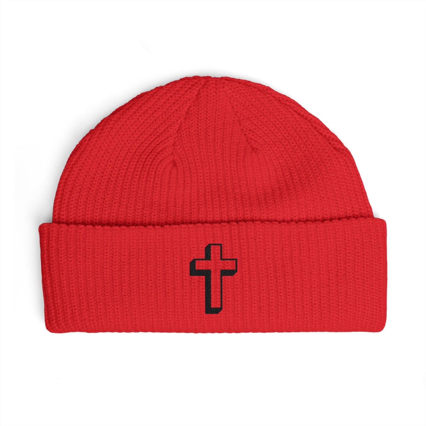 Embroidered Cross Cuff Beanie — Minimal Faith Knit Hat Hats Printify One size Red