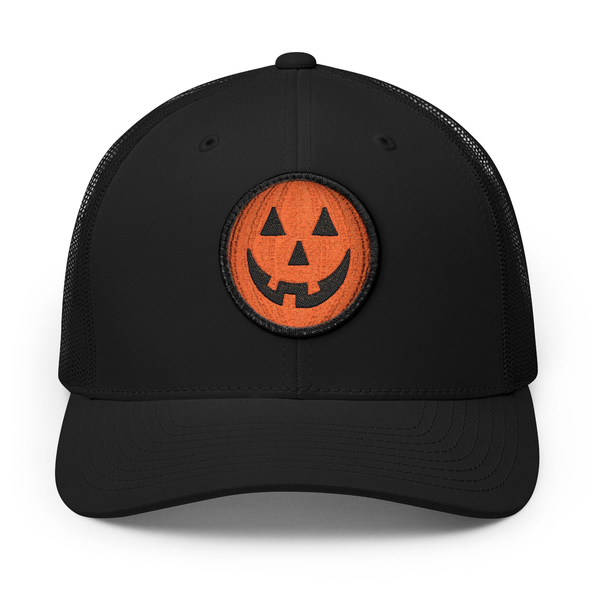 Halloween Pumpkin Jack-O’-Lantern Trucker Cap Hats Printify Circle One size Black / White patch