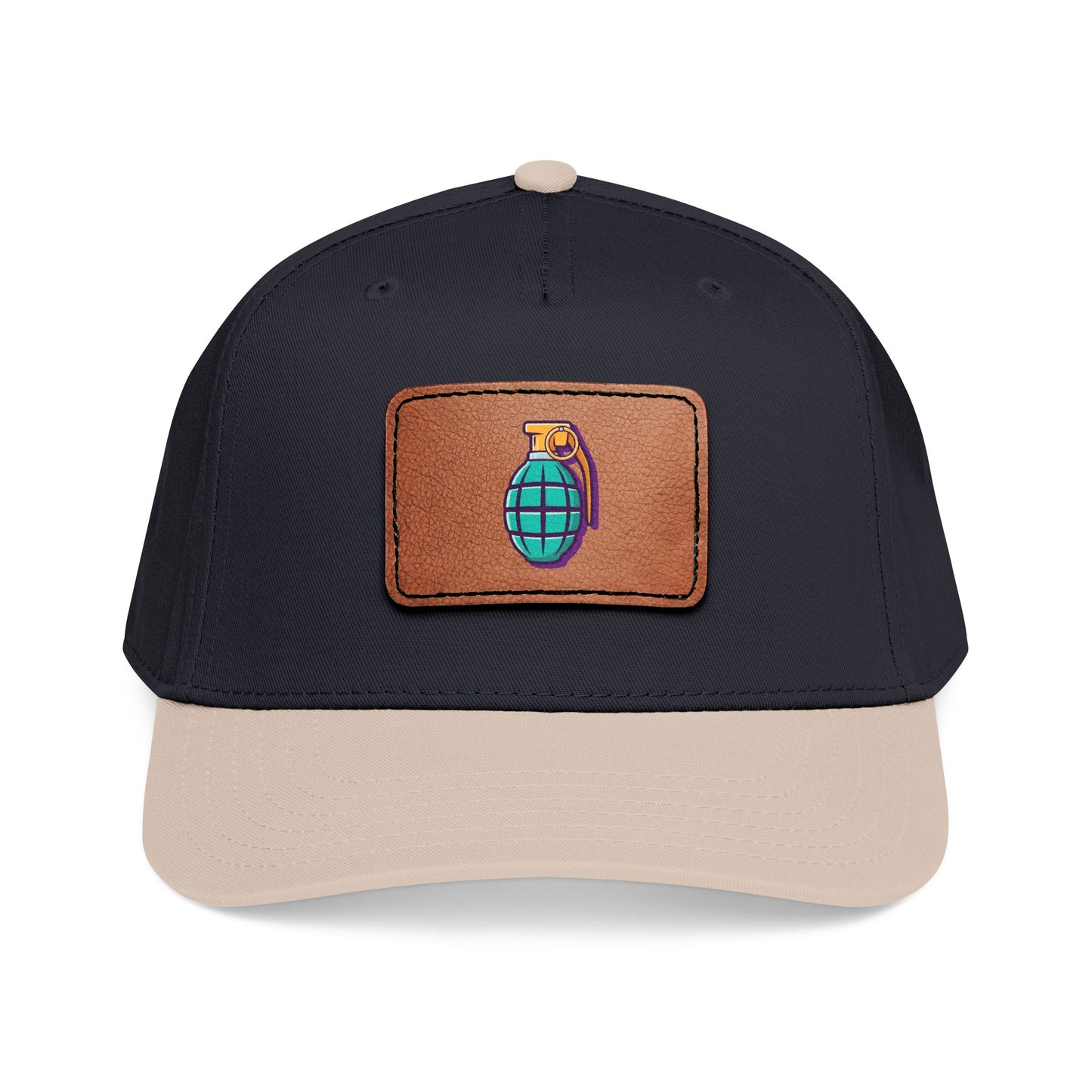 Leather Patch Baseball Cap — Retro Grenade Patch Hat Hats Printify One size Khaki / Black / Light Brown patch Rectangle