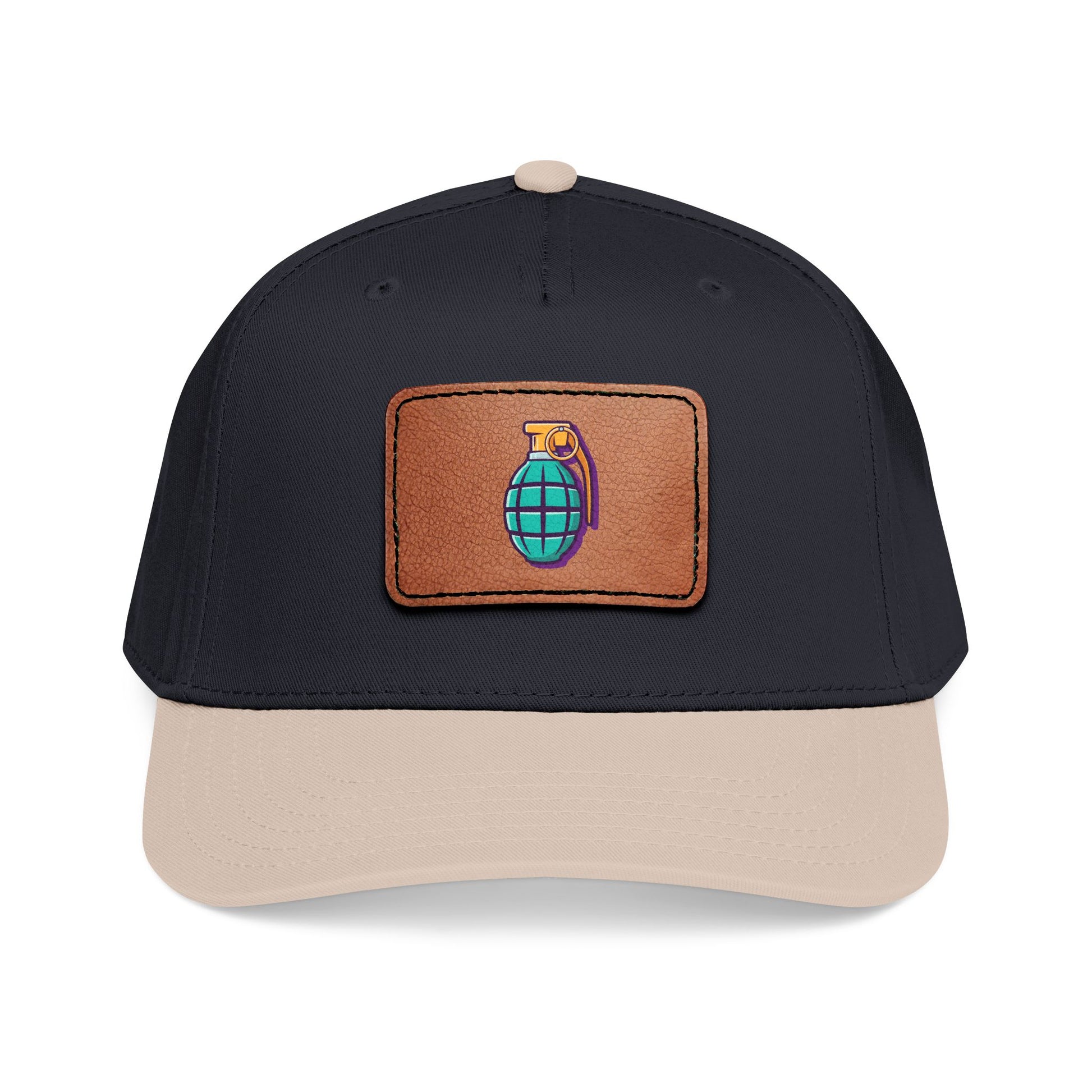 Leather Patch Baseball Cap — Retro Grenade Patch Hat Hats Printify One size Khaki / Black / Light Brown patch Rectangle