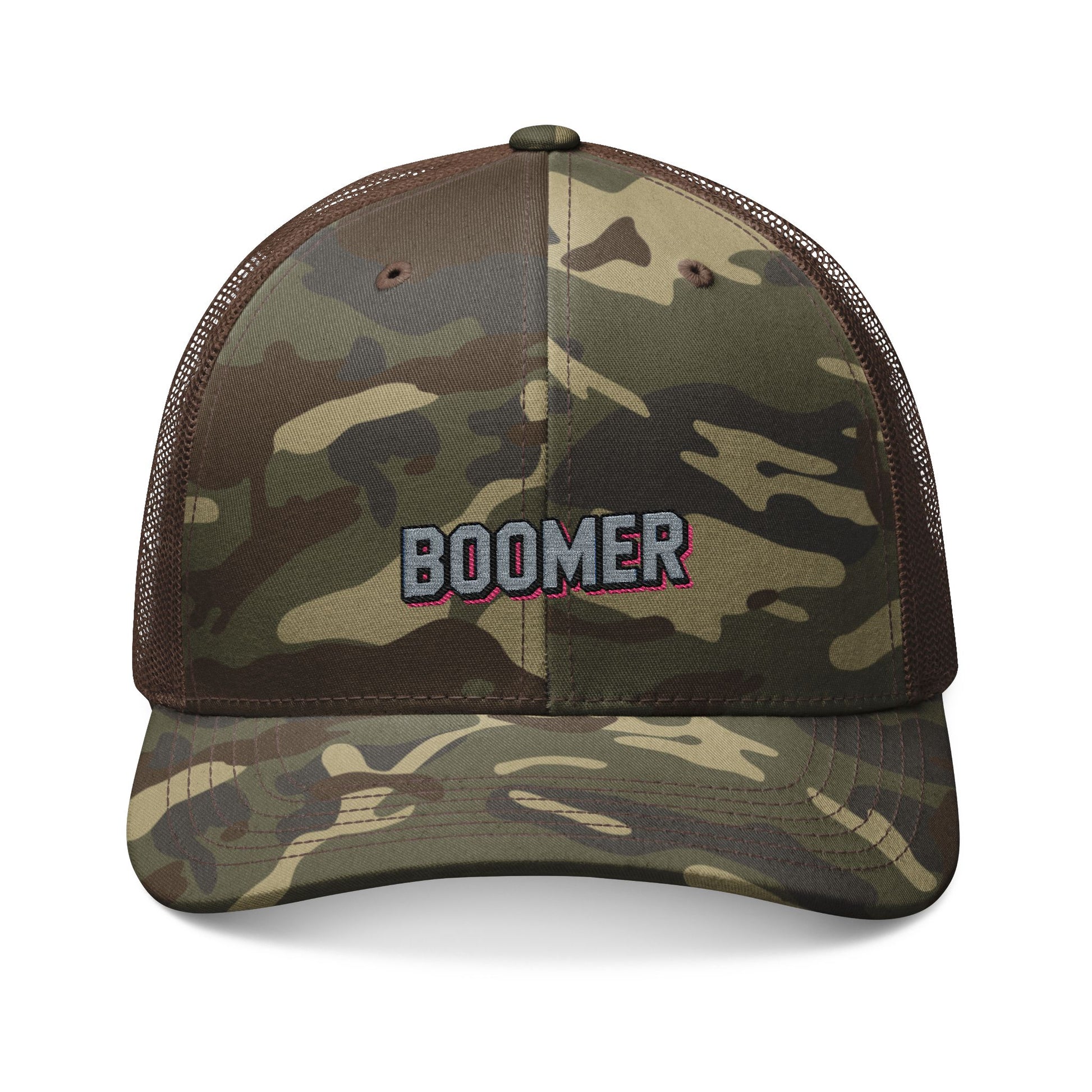 Camouflage Trucker Hat — Embroidered "Boomer" Patch Hats Printify One size Camo Brown