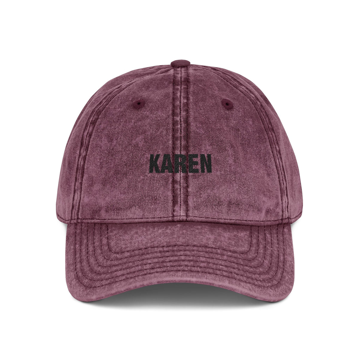 Embroidered 'KAREN' Vintage Baseball Cap - Distressed Red Dad Hat Hats Printify One size Maroon