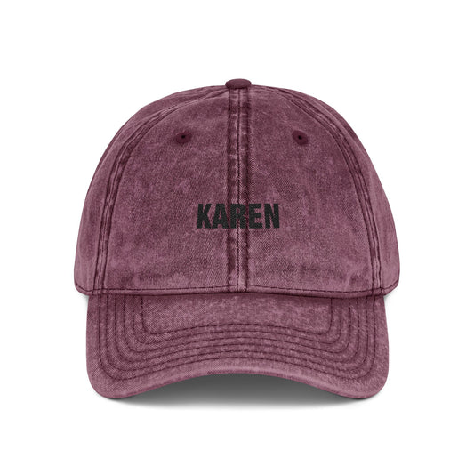 Embroidered 'KAREN' Vintage Baseball Cap - Distressed Red Dad Hat Hats Printify One size Maroon