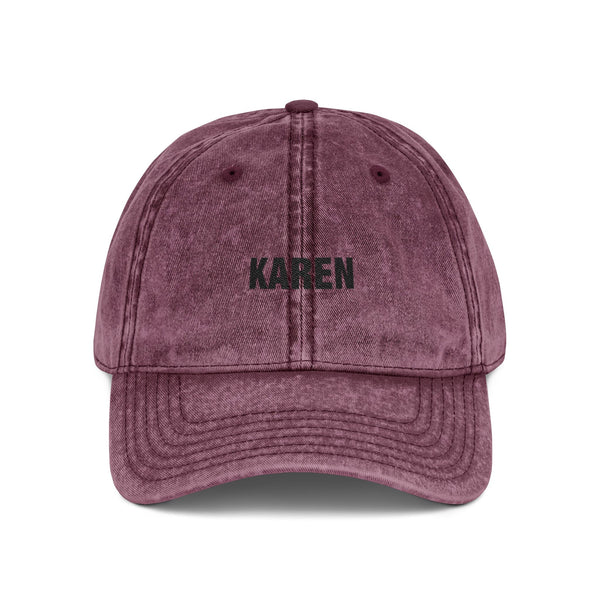 Embroidered 'KAREN' Vintage Baseball Cap - Distressed Red Dad Hat Hats Printify One size Maroon