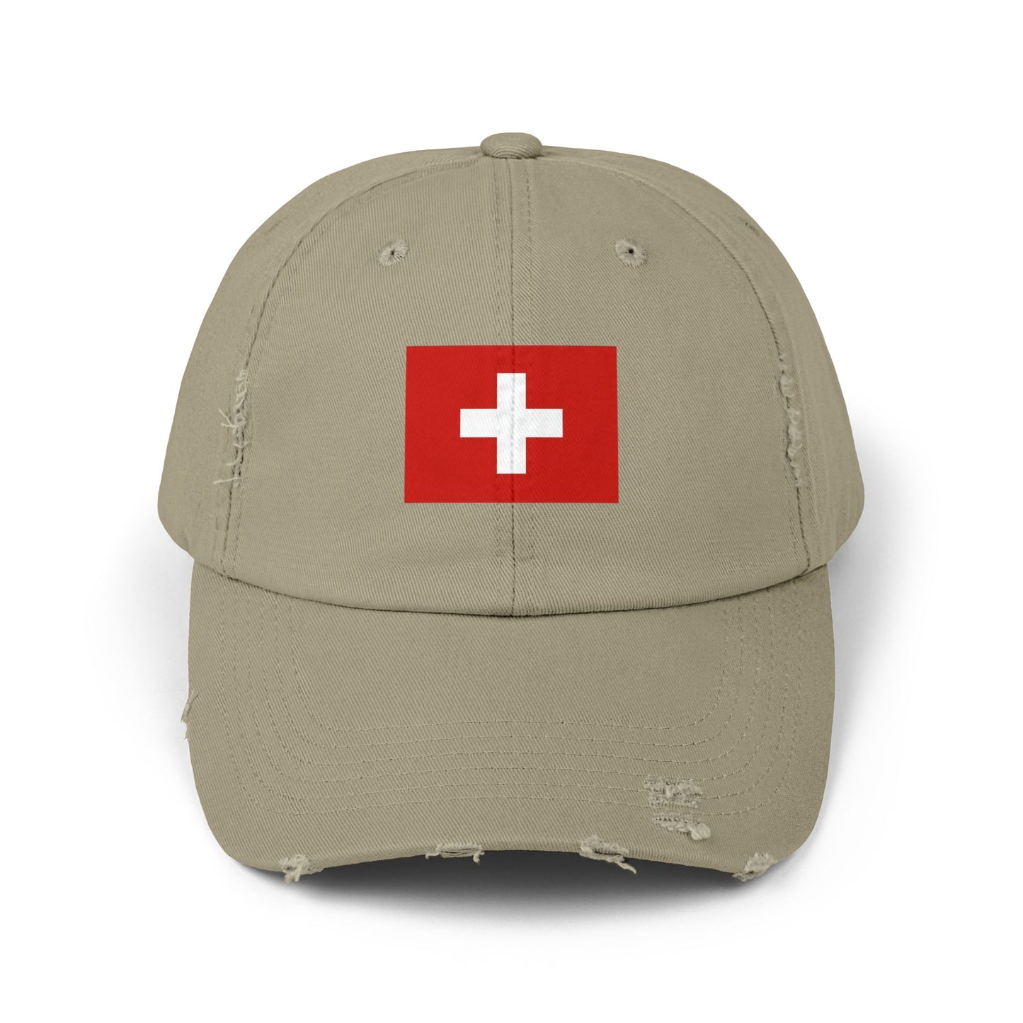 Swiss Flag Distressed Cap — Vintage Red Cross Baseball Hat Hats Printify Light Olive One size