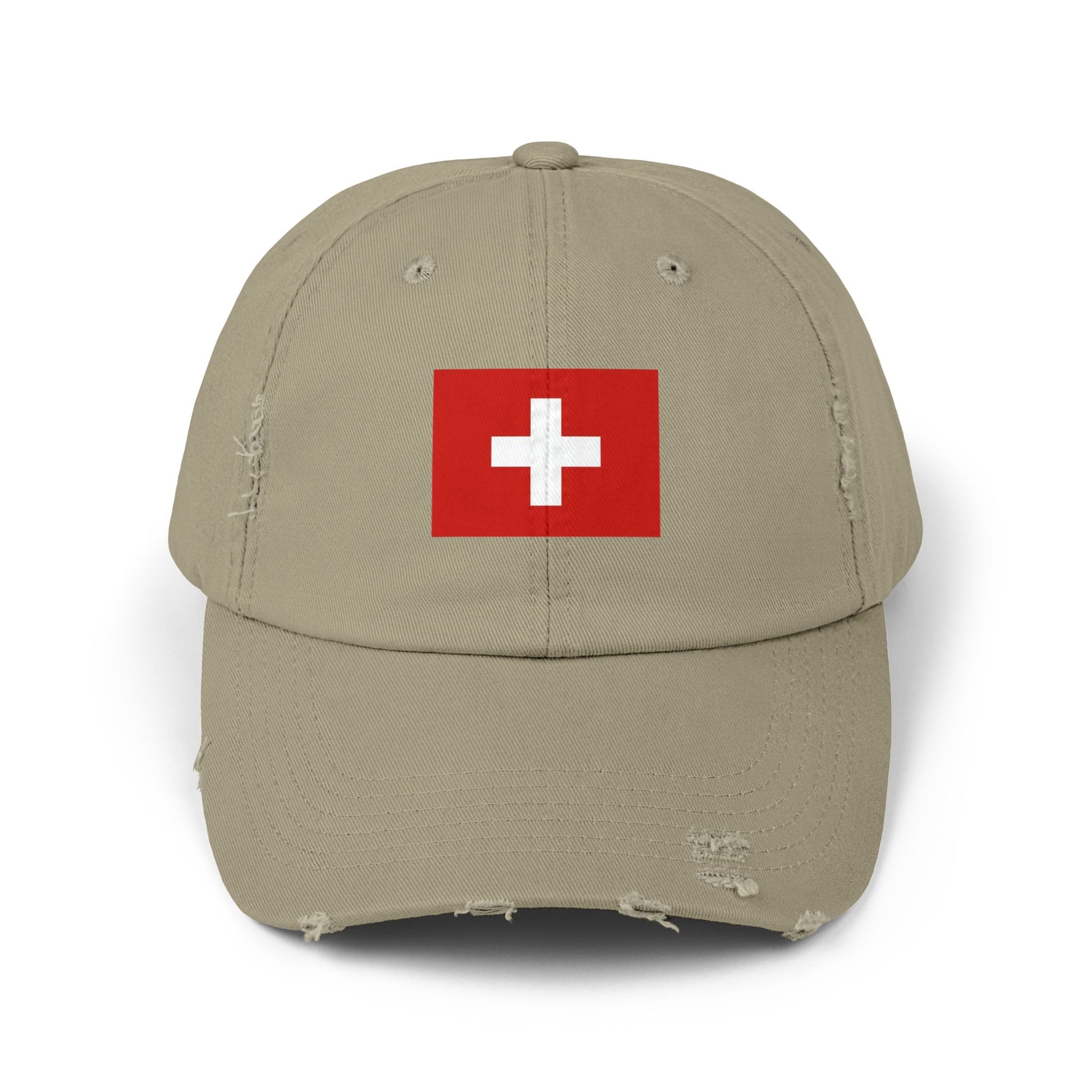 Swiss Flag Distressed Cap — Vintage Red Cross Baseball Hat Hats Printify Light Olive One size