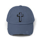 Distressed Black Cross Cap — Vintage Christian Baseball Hat Hats Printify Scotland Blue One size