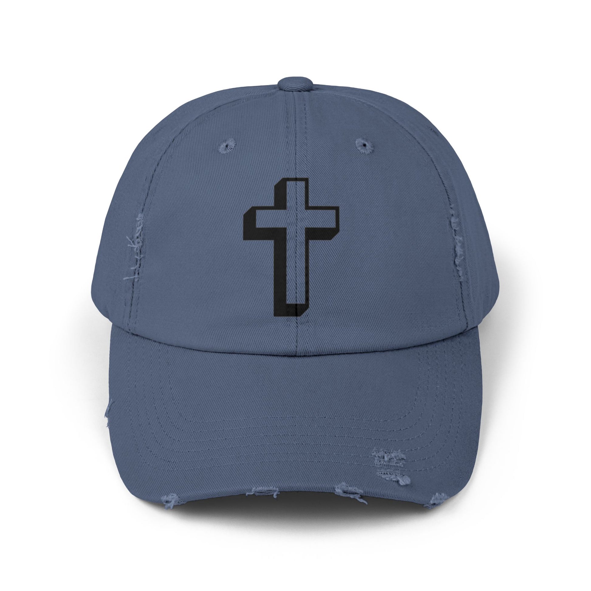 Distressed Black Cross Cap — Vintage Christian Baseball Hat Hats Printify Scotland Blue One size