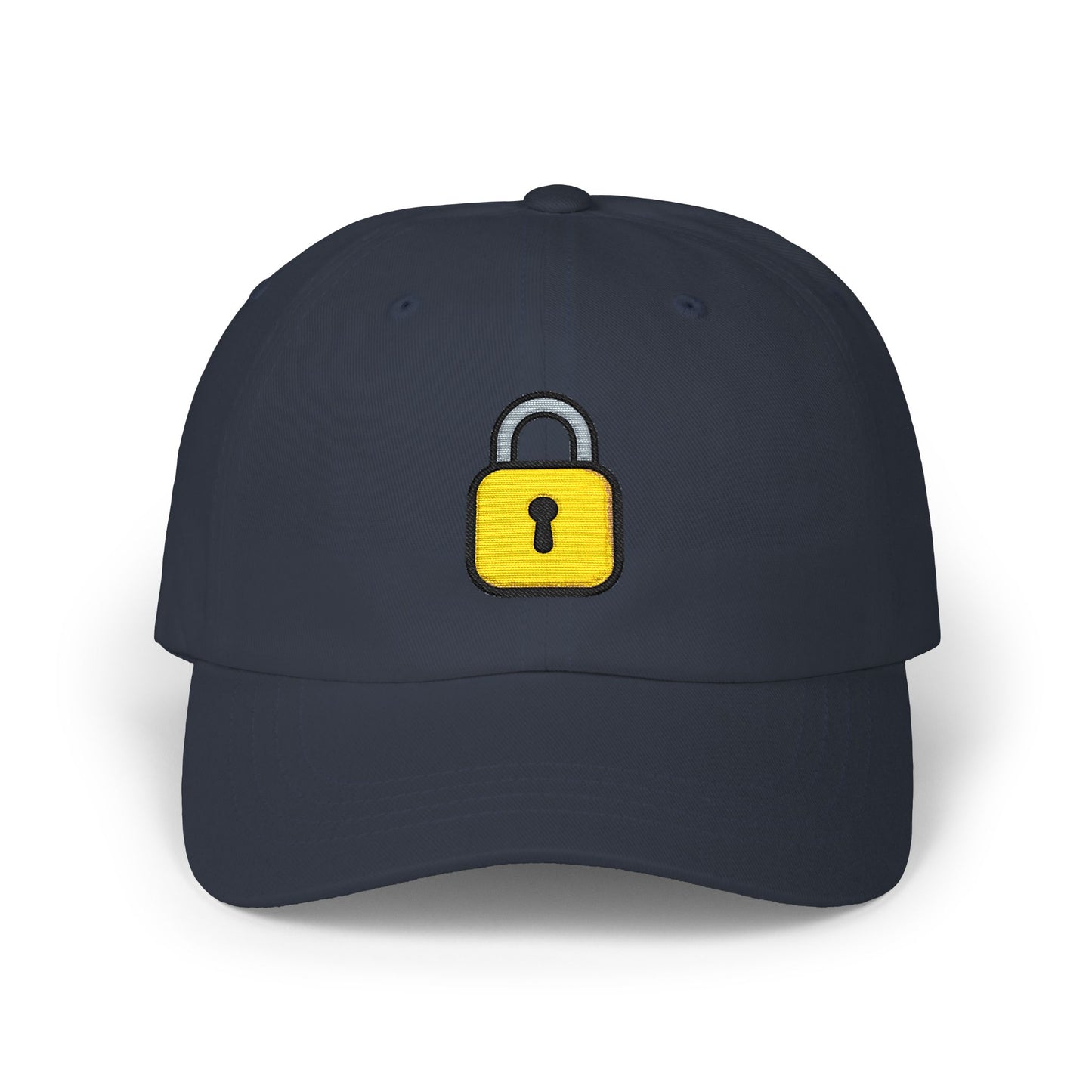 Lock Embroidered Dad Cap — Minimal Yellow Padlock Baseball Hat Hats Printify Navy One size