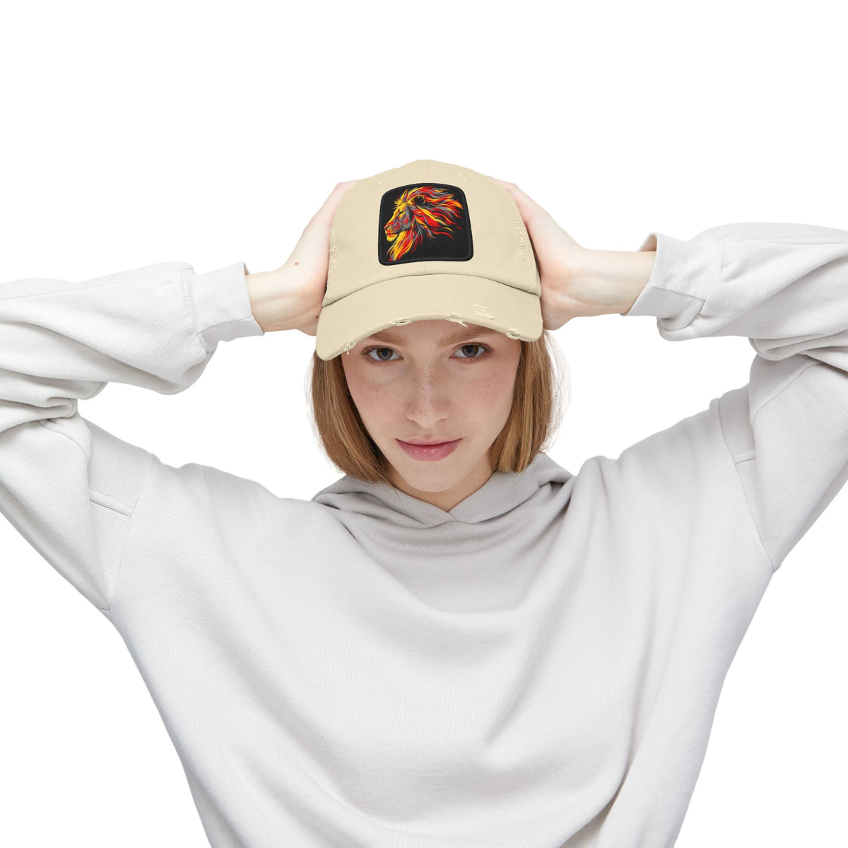 Distressed Cap — Vibrant Flame Lion Embroidered Baseball Hat Hats Printify