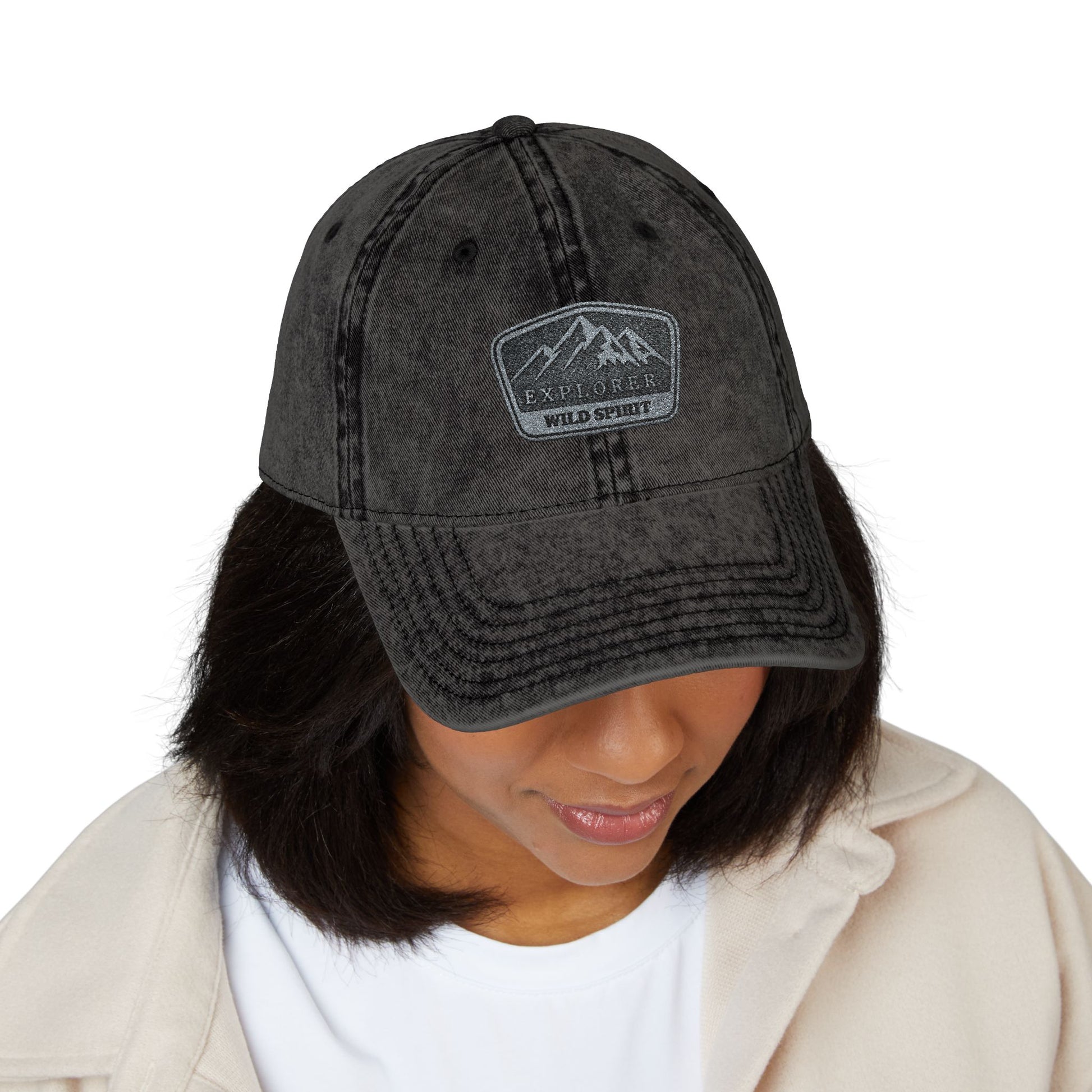 Vintage Embroidered Mountain Patch Cap — Washed Red Dad Hat Hats Printify